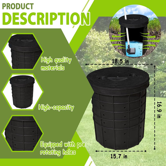 Perforated Sump Pump Basin with Lid, 18.5x16.9x15.7 Inch Heavy-Duty Perforated Sump Pump Bucket, 42 Drainage Holes,Suitable for Yard, Patio Driveway Drainage(Black) (18.5 x 16.9 x 15.7 Inch)