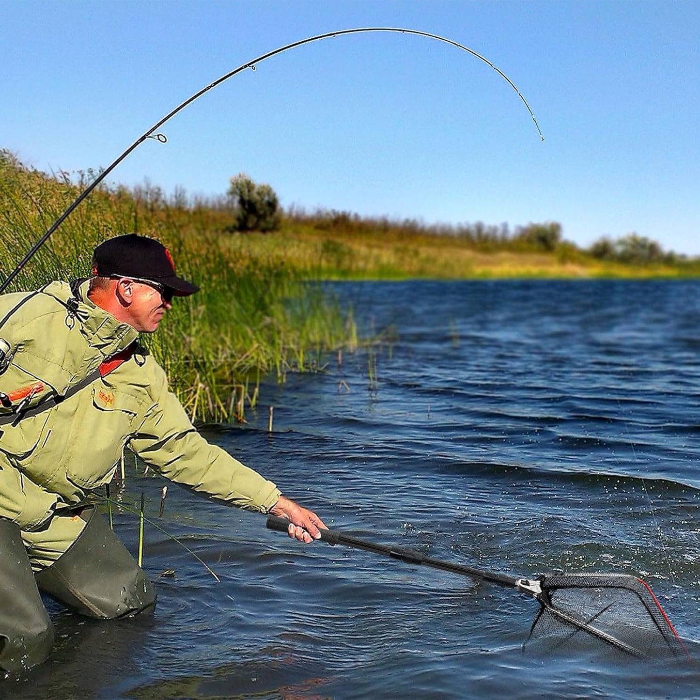 SAN LIKE Fishing Net Telescopic Landing Nets Folding Rubber Fish Net Rubber Coated Landing Net with Adjustable Sturdy Pole Handle for Saltwater Freshwater Bass Trout Fishing Easy Catch & Release