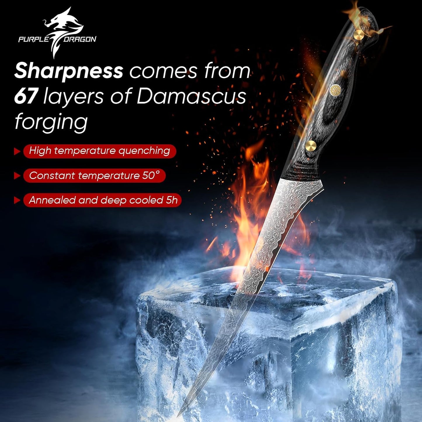 Purple Dragon Damascus Fish Fillet Knife - 7 inch Flexible Boning Knife with VG10 Core, Kitchen Slicing Knife with Full Tang Handle, Birthday Dad Mom Gift