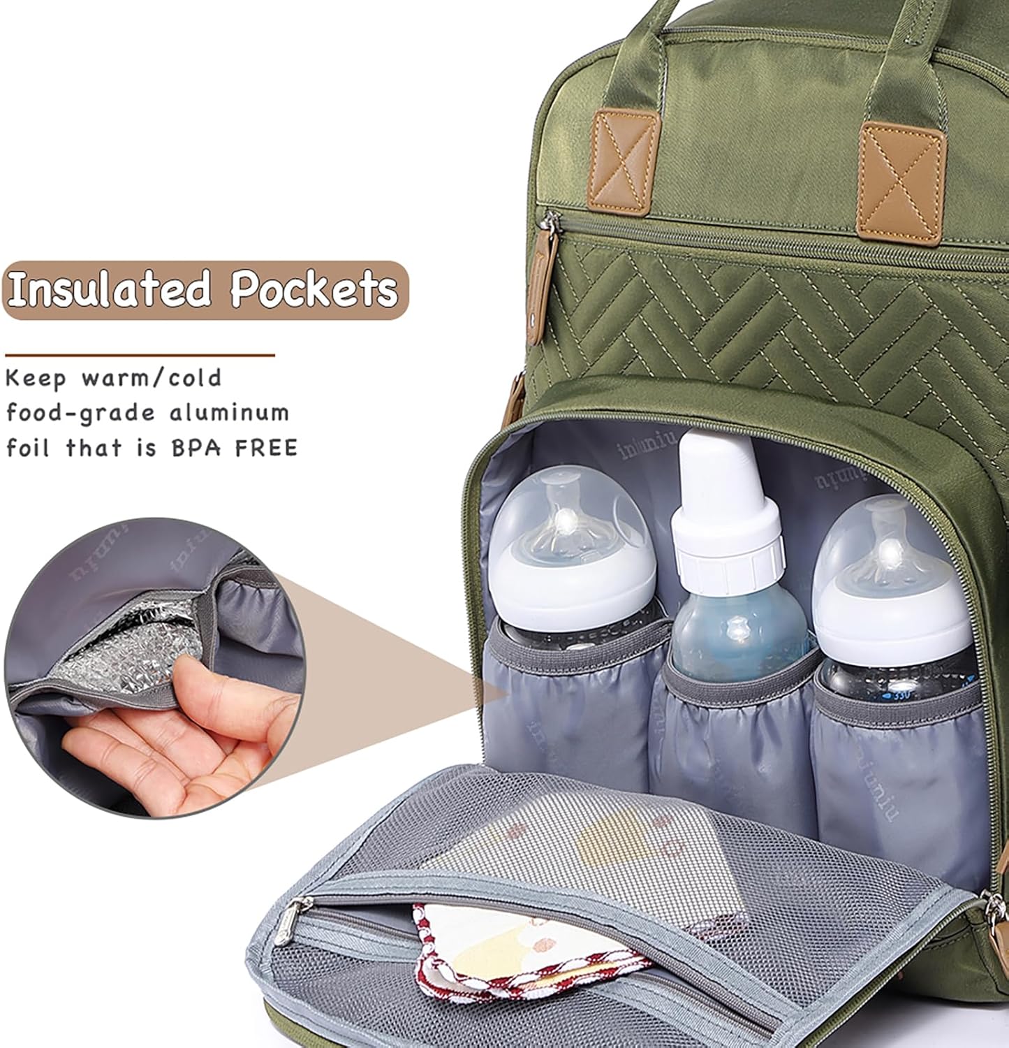 Diaper Bag Backpack, iniuniu Large Baby Bags with Diaper Pouch, Washable Changing Pad, Pacifier Case and Stroller Straps