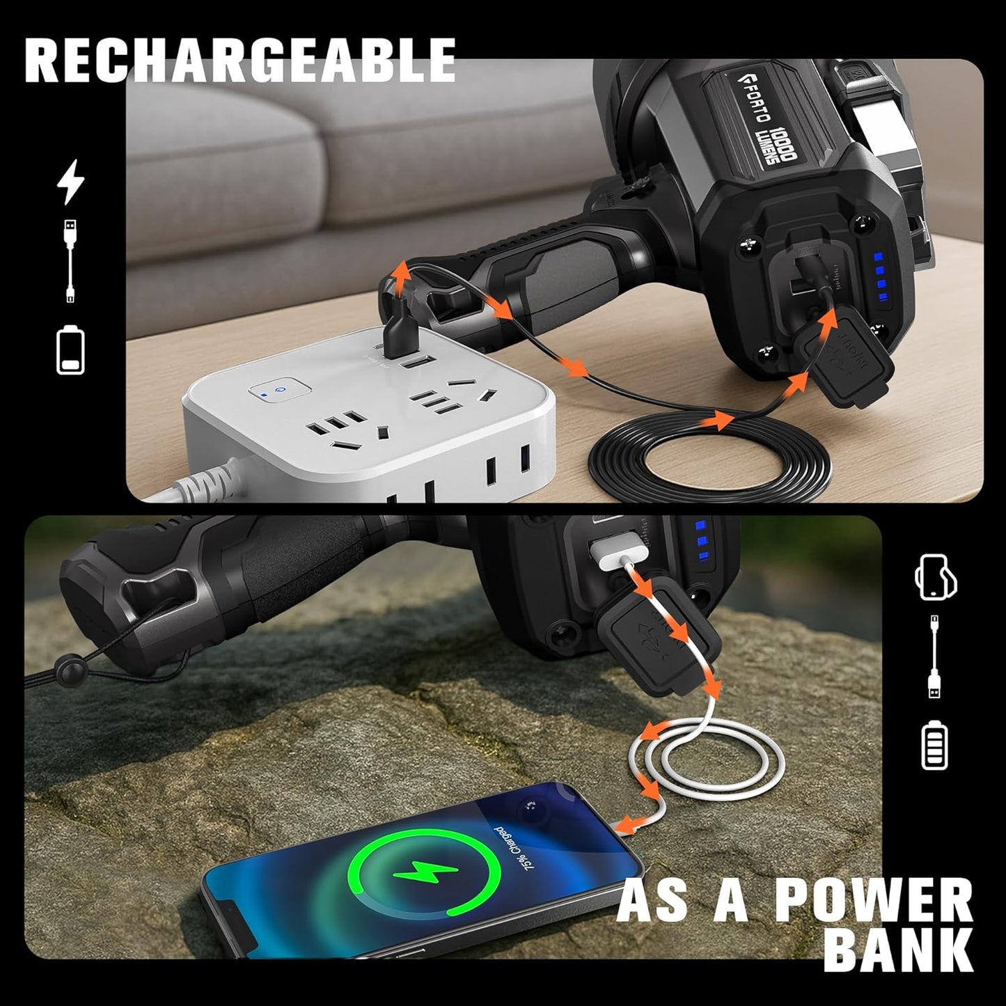FORTO Rechargeable Spotlight 5000LM, IPX7 Waterproof Flashlight with 5200mAh Long-Lasting Battery, 7 Modes Handheld Light with EVA Case, for Boat, Hunting, Emergency, Outdoor Use