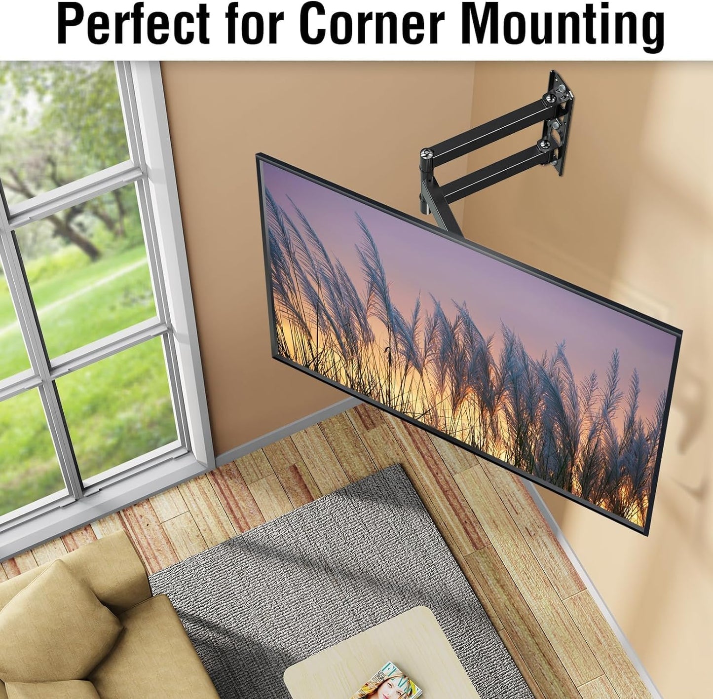 TV Wall Mount Swivel and Tilt for Most 26-55" Flat Curved TVs, Corner TV Mount Single Stud for Perfect Center, Max VESA 400x400mm, 77 lbs. Full Motion Wall Mount TV Bracket by ELIVED