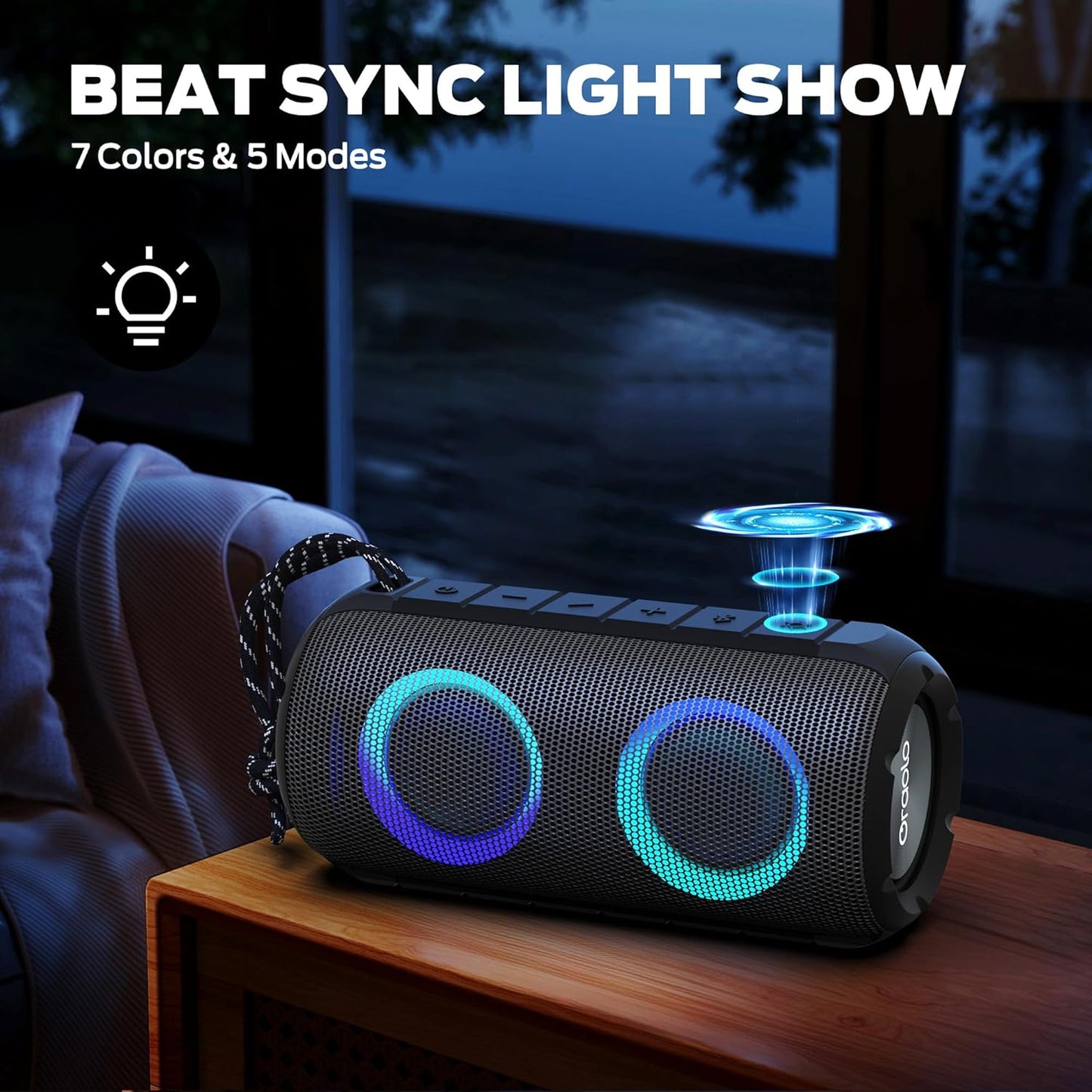 Oraolo Bluetooth Speaker 24W, Portable Speaker with RGB Lights, Stereo Sound, Bluetooth 5.3, 24H Playtime, IPX6 Waterproof, AUX-in, Speaker for Outdoor Camping
