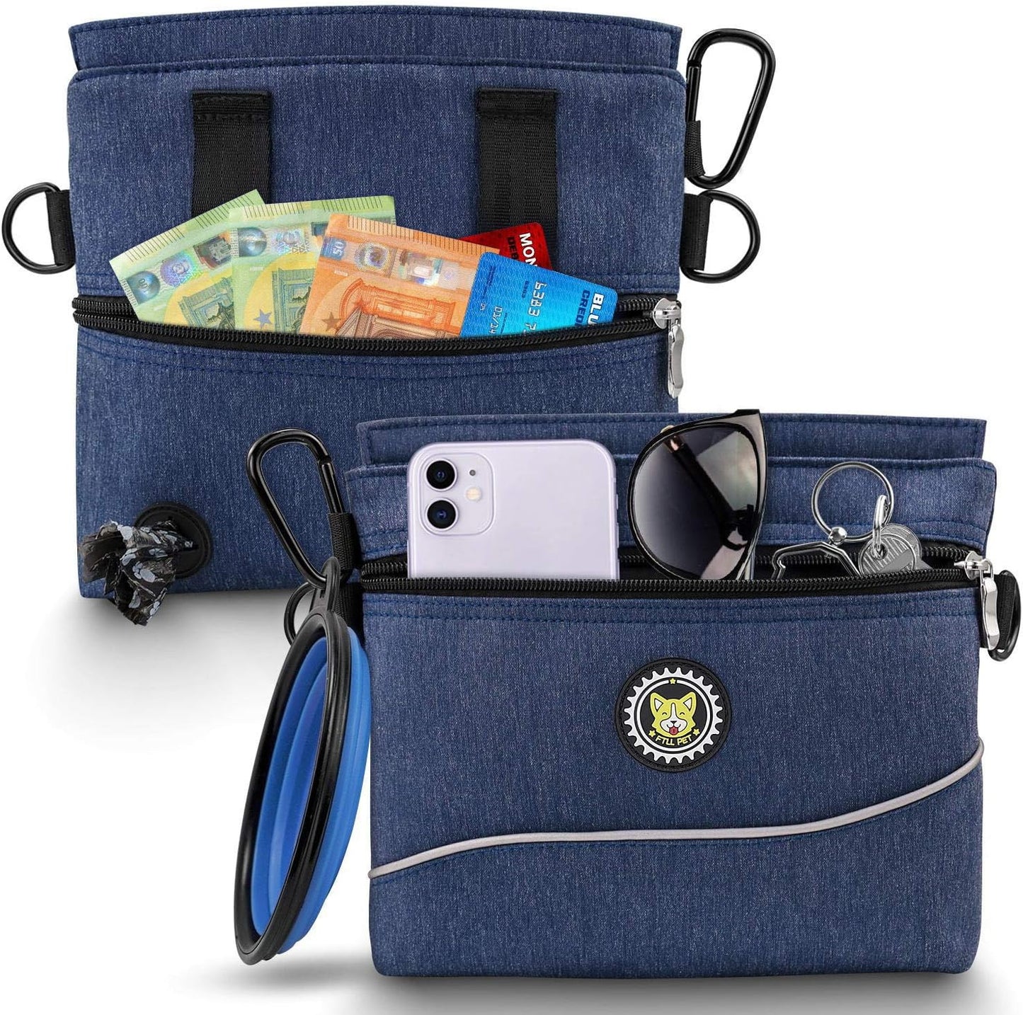 Dog Treat Pouch Bag with Magnetic Closure, 2 Zip Pockets, Dog Food Bag with Removable Inner Pocket, Padded Shoulder Strap, Perfect Food Bag for Agility Training - Including Carabiner