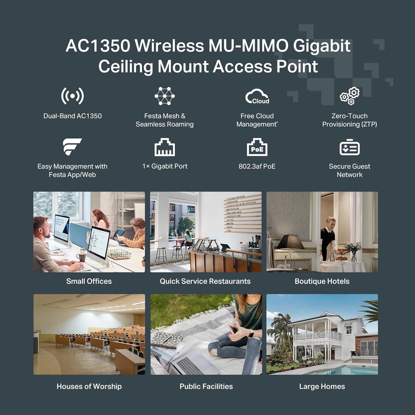 TP-Link Omada AC1750 Gigabit Wireless Access Point (EAP245 V3) - Business WiFi Solution w/Mesh Support, Seamless Roaming & MU-MIMO, PoE Powered, SDN Integrated, Cloud Access & Omada App, White