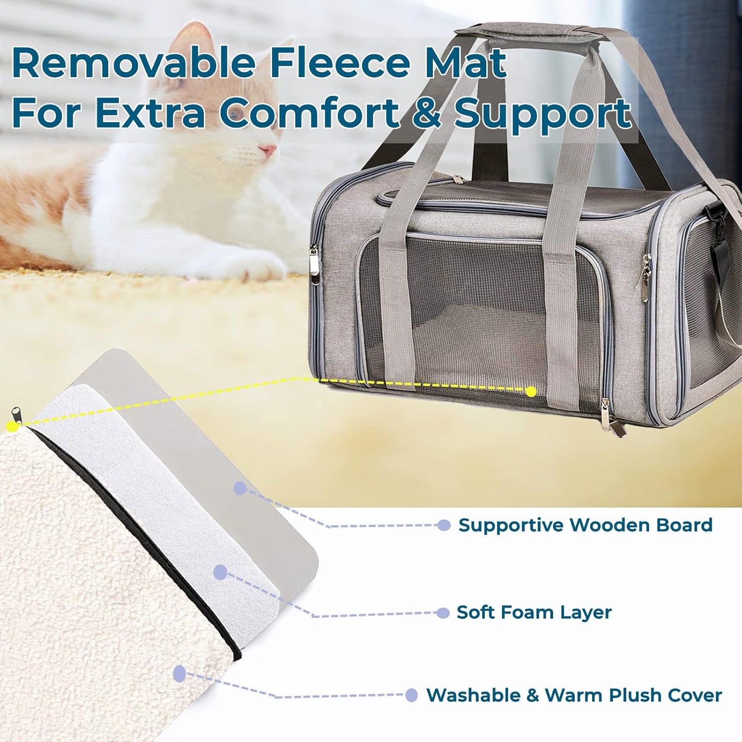 ORYEDA Cat Carrier Bag, Dog Travel Carriers, Airline Approved Soft-Sided Pet Carrier for Small Medium Cats and Small Dogs, Portable Carrier with 4 Open Doors and 3 Mesh Windows, Grey, Collapsible