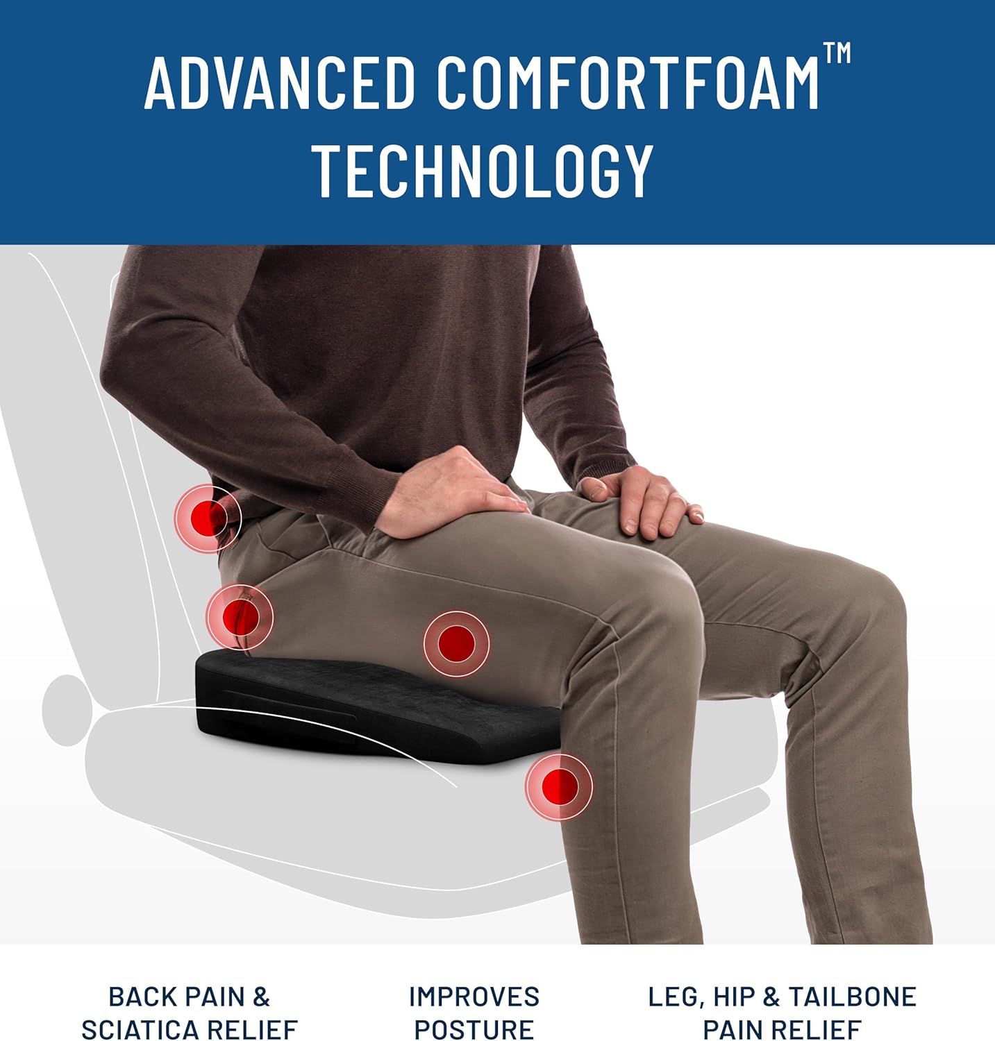 Everlasting Comfort Memory Foam Seat Cushion - Office Chair Cushion for Work, Travel, Car Support Pillow for Driving - Portable Seat for Chairs and Desks - Coussin Chaise - Black