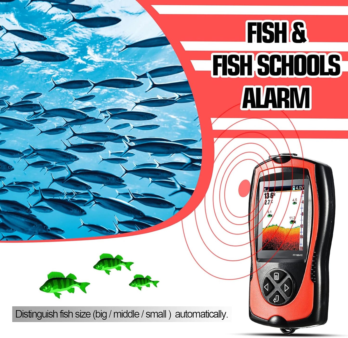 Atibin Handheld Wired Fish Finder Kayak Portable Display Depth Finder Boat Sonar Fish Finders Transducer Sensor LCD Screen