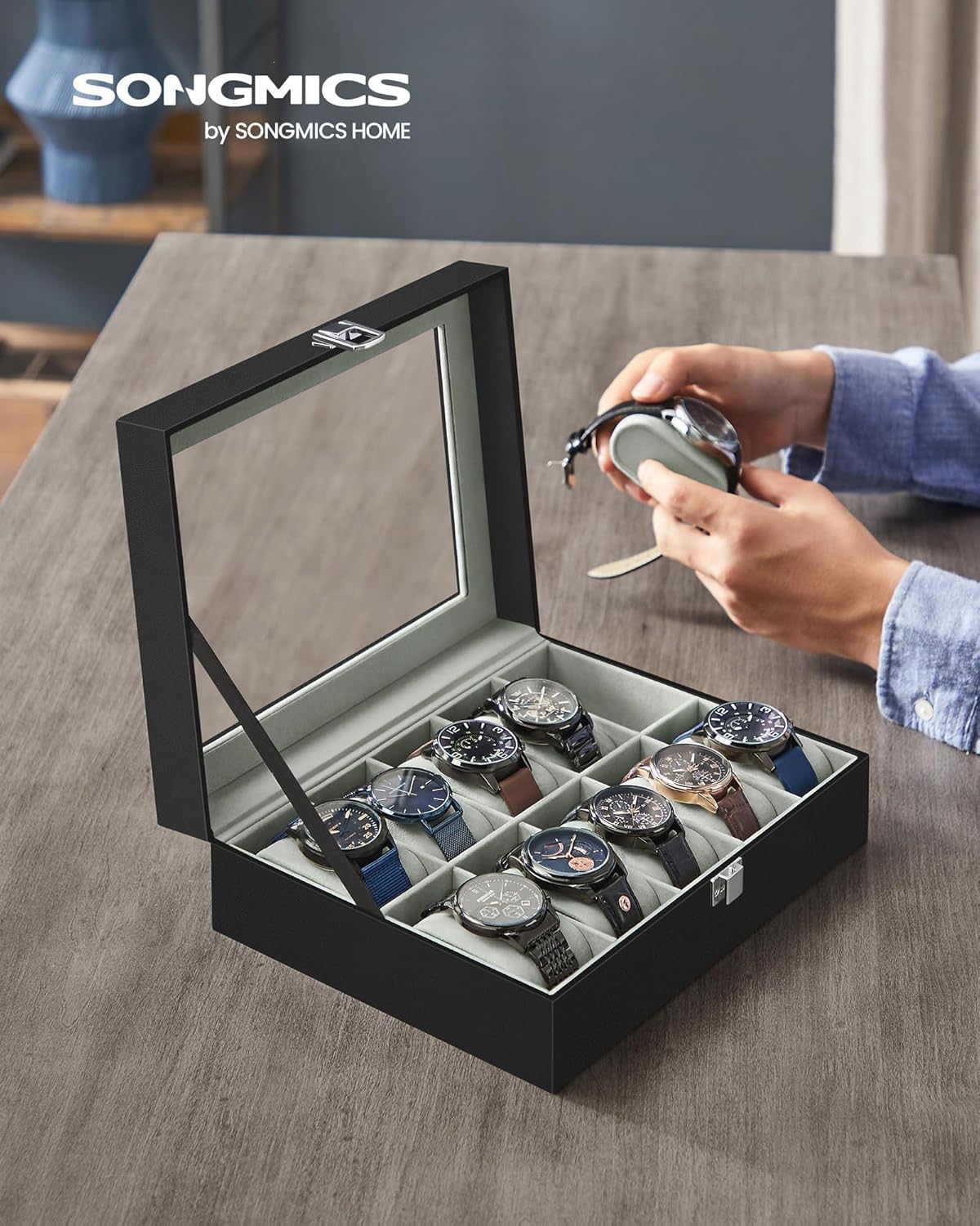 SONGMICS Watch Box, 6-Slot Watch Case, Watch Box Organizer, Black Synthetic Leather, Greenish Gray Lining UJWB06BK