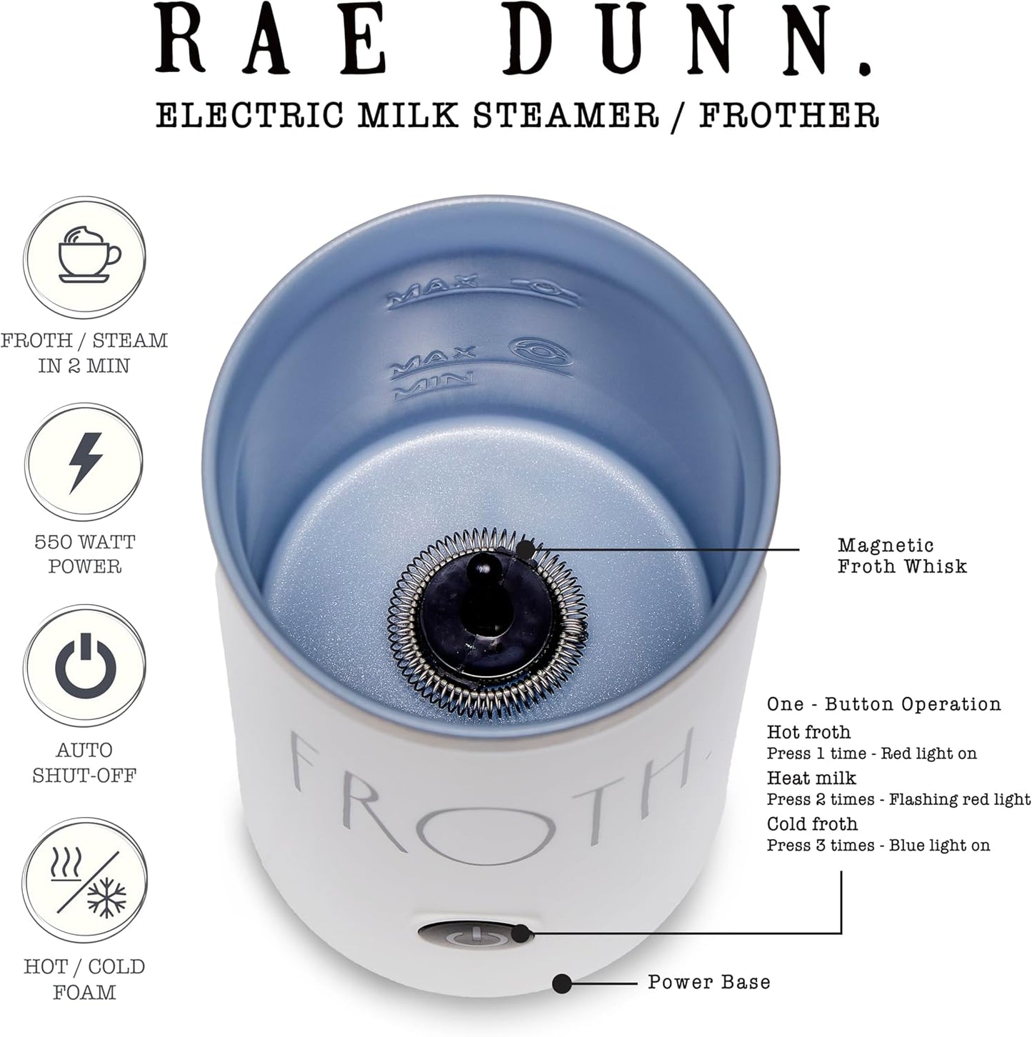 Rae Dunn - Electric Milk Frother - Elegant Automatic Milk Steamer and Frother, Milk Warmer, Hot and Cold Frothing Machine for Coffee, Latte, Cappuccino, Macchiato,