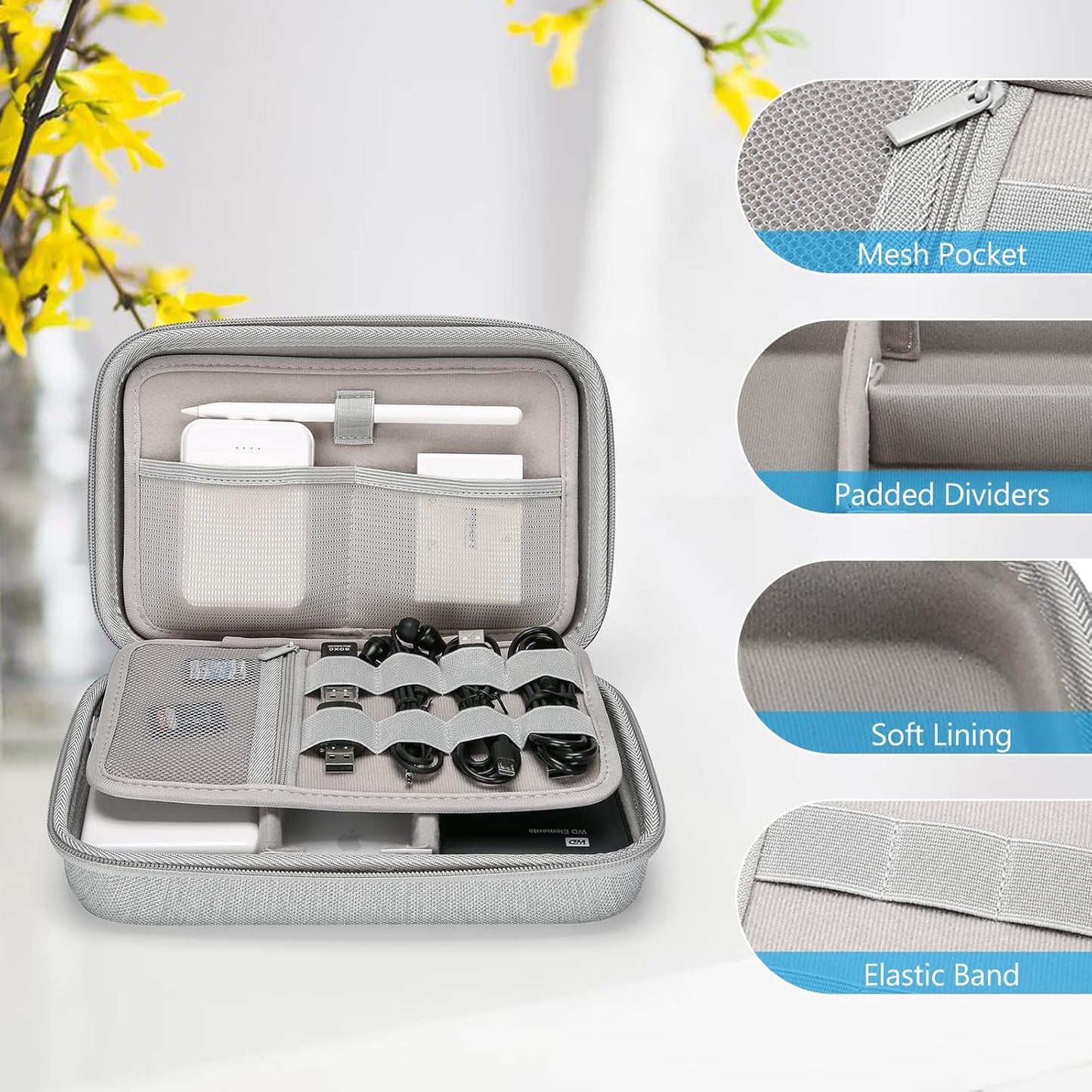 ProCase Hard Travel Electronic Organizer Case for MacBook Power Adapter Chargers Cables Power Bank Apple Magic Mouse Apple Pencil USB Flash Disk SD Card Small Portable Accessories Bag -L, Black