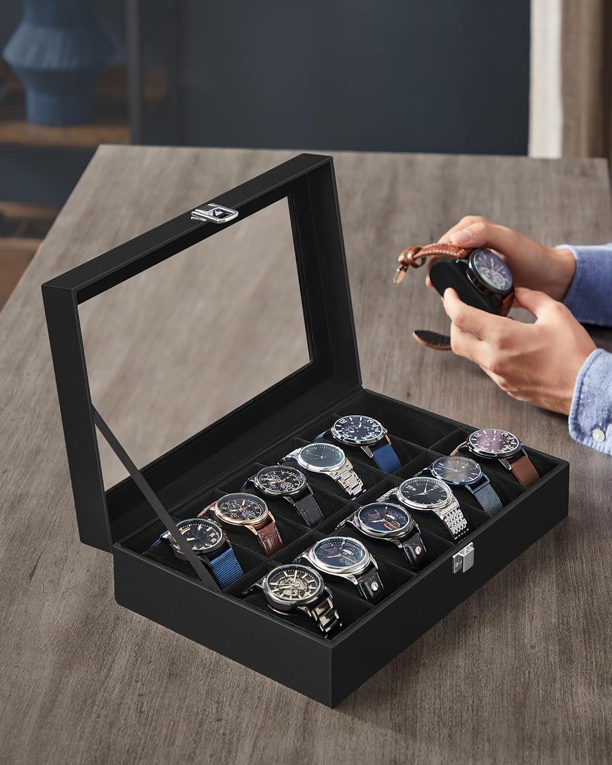 SONGMICS Watch Box, 6-Slot Watch Case, Watch Box Organizer, Black Synthetic Leather, Greenish Gray Lining UJWB06BK