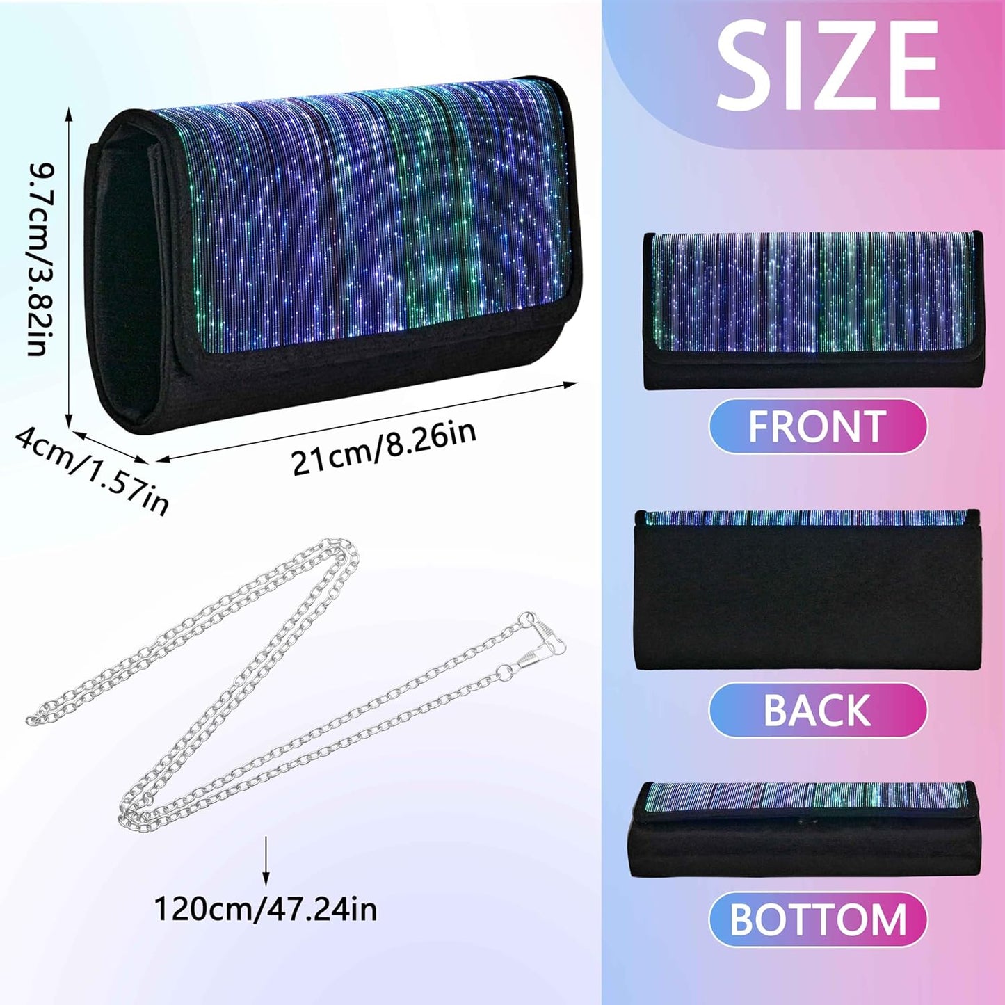 Larcenciel Clutch Purse for Women, LED Light Up Purse - 11 Neon Glow Modes, Holographic Evening Bag with Chain Strap, Rechargeable Party Handbag for Prom Disco Club Bar Night Events Weddings (Black)