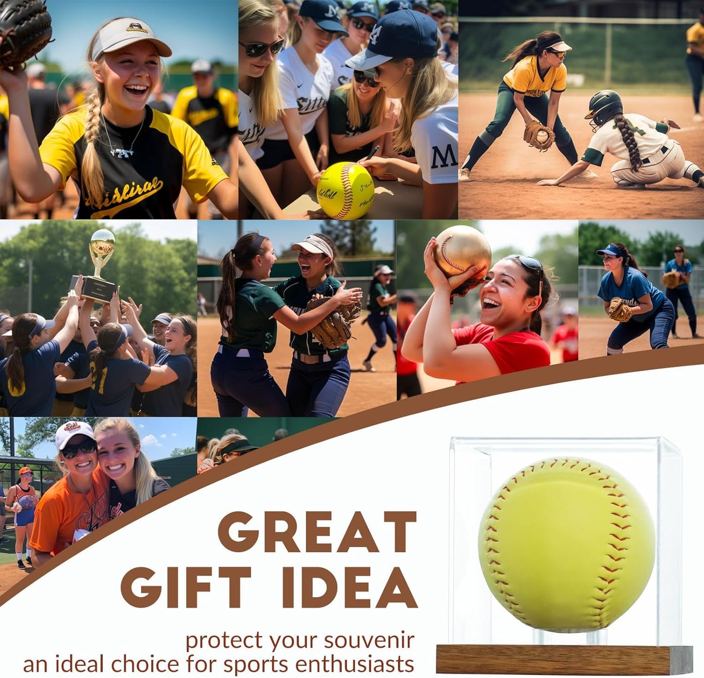 JupDec Baseball Display Case, Clear Cube Baseball Holder with Wooden Base, Autograph Baseball Stand Box for Single Ball, Acacia Wood, Brown, 1 Pack