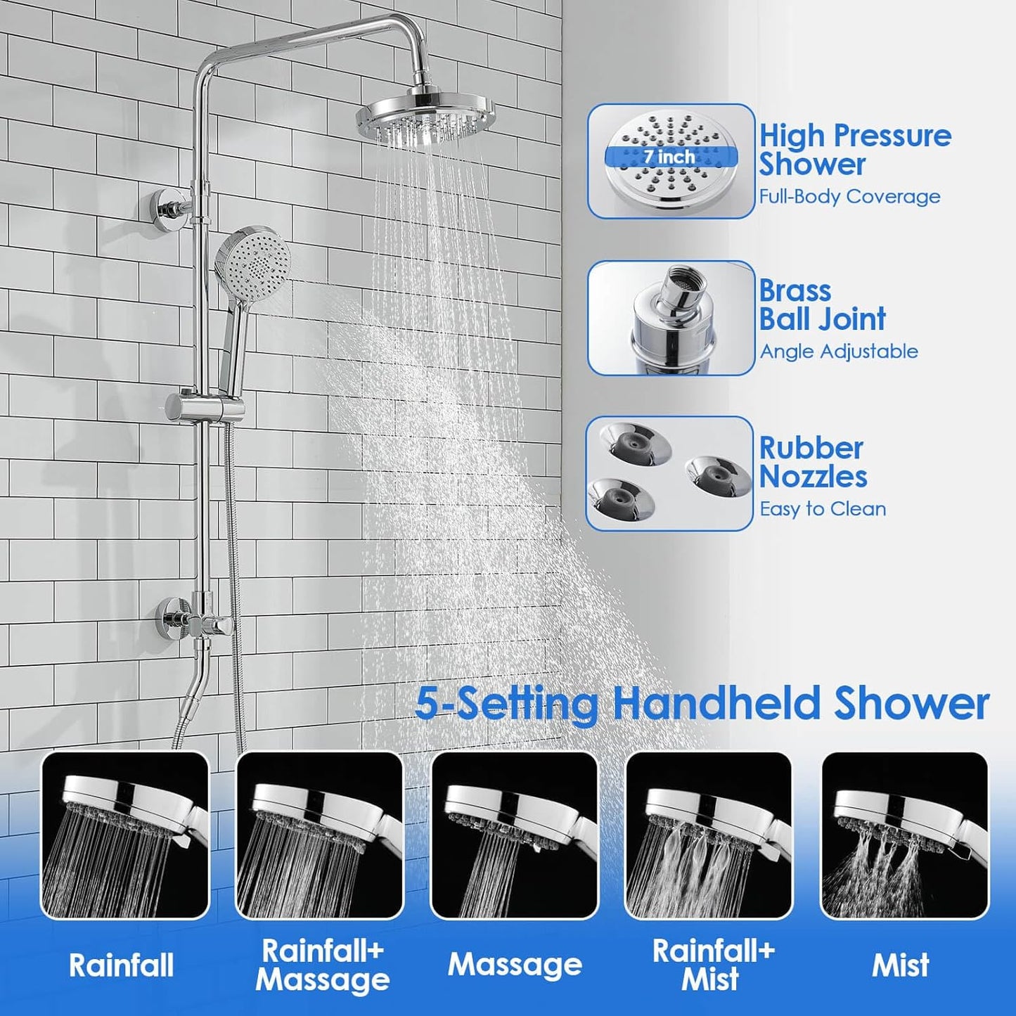 ROVOGO Retrofit Shower System with 7" RainShower, 5-Setting Handheld, 22" Slide Bar with 3-Way Rotary Diverter, Exposed Pipe Shower Column Kit 304 Stainless Steel, Chrome (NOT Include Mixer Valve)