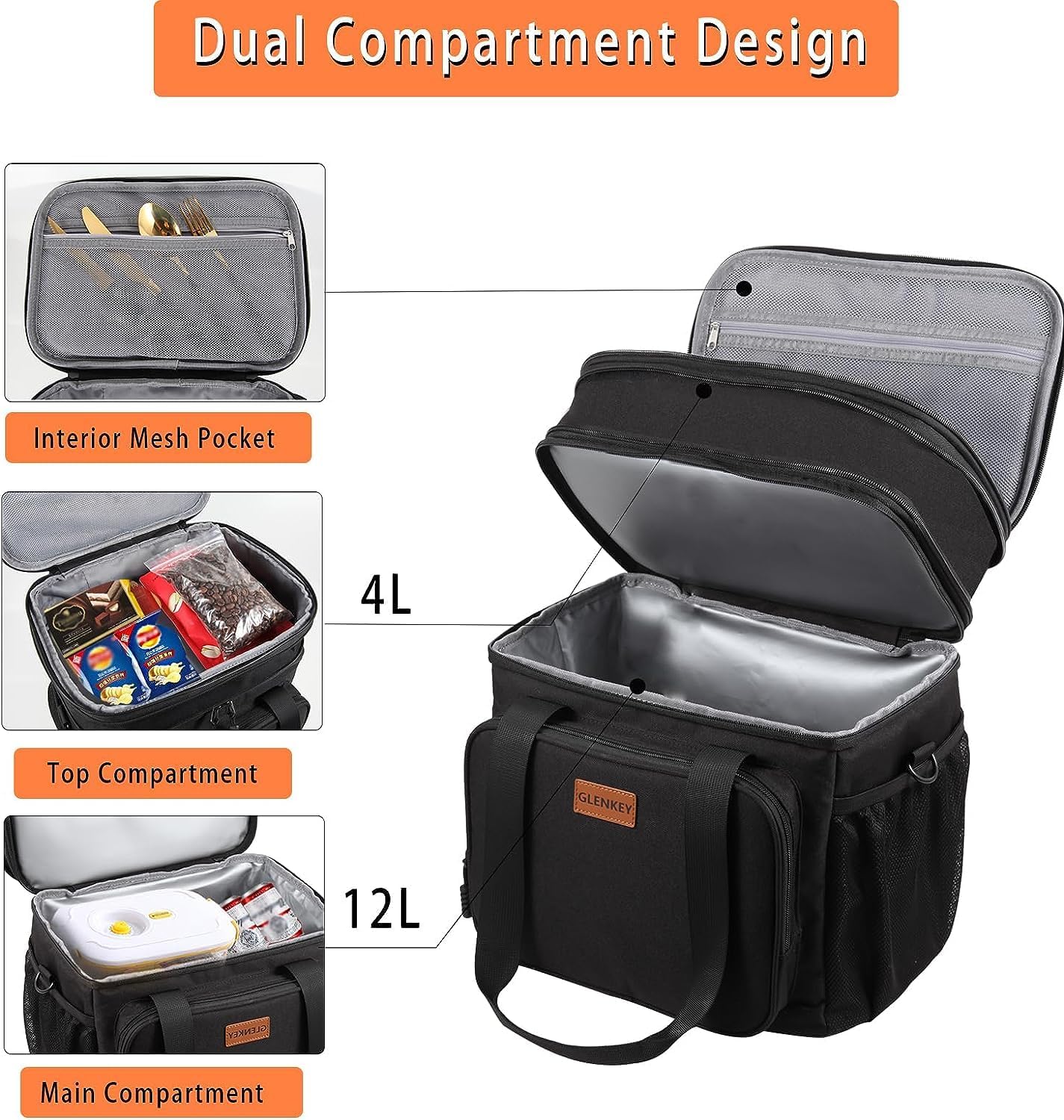 Expandable Large Lunch Bag, Double Deck Insulated Lunch Box Leakproof Durable Soft Cooler Bag for Men Women Adults Work Construction Beach Picnic Daytrip,16L,Black, GLENKEY