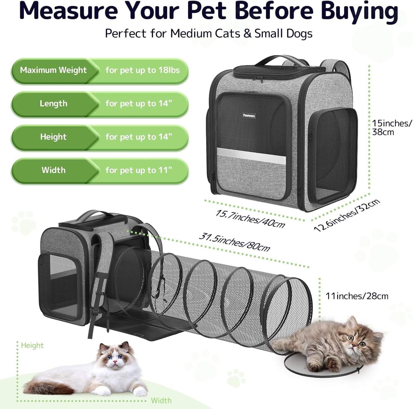 Cat Carrier Backpacks Pawtners Expandable Cat Backpack with Breathable Mesh, Pet Carrier Backpack for Cats Small Dogs Puppies Up to 25 LBS, Dog Carrier Backpack for Travel Hiking Camping Outdoor