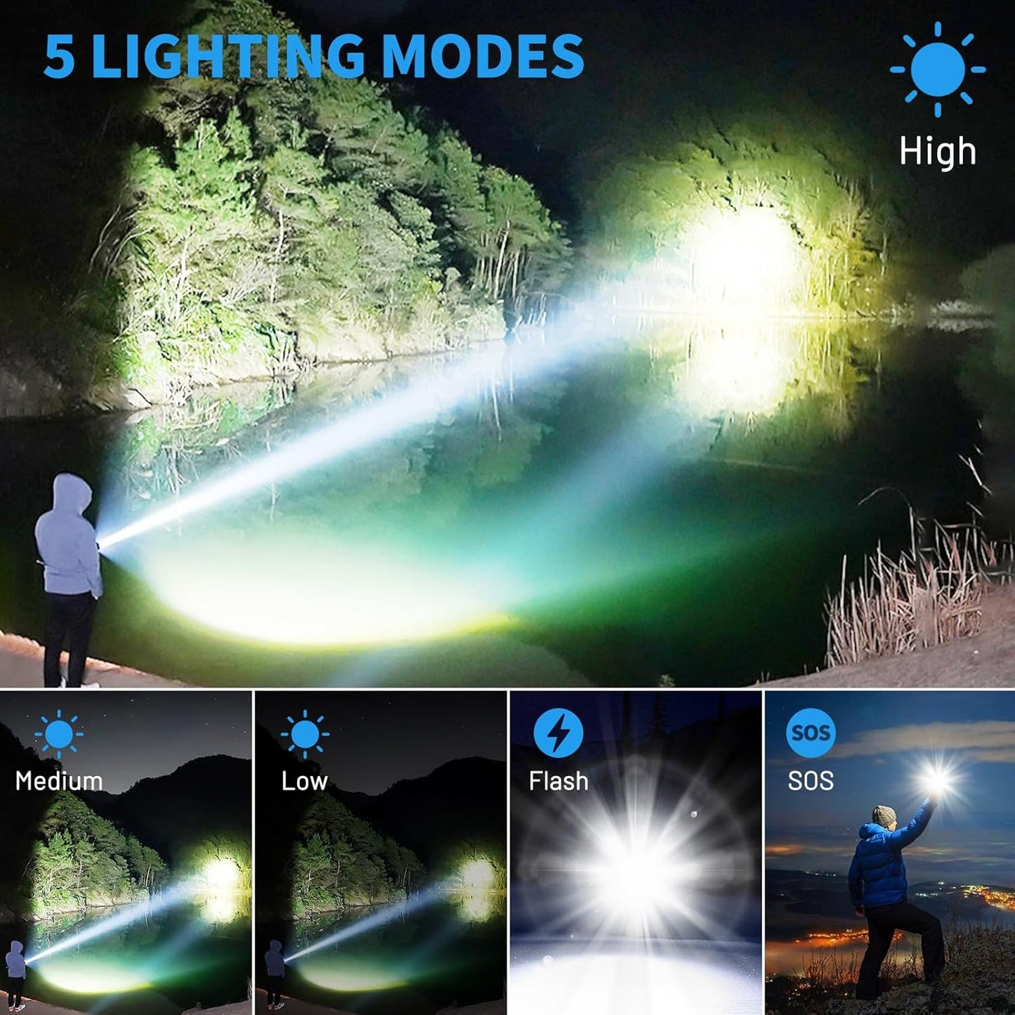990000 High Lumens Rechargeable Flashlight,Super Bright Led Flashlights with 5 Modes,Brightest High Power Flash Light & 12 Hours Runtime,Powerful IPX6 Waterproof Lampe De Poche for Camping,Hiking
