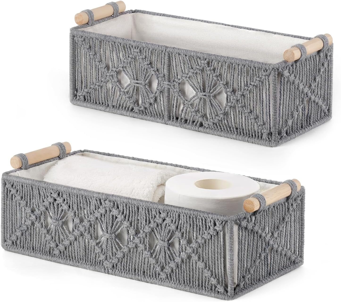 Mkono Macrame Storage Baskets Boho Decor Box Handmade Woven Decorative Countertop Toilet Tank Shelf Cabinet Organizer for Bedroom Livingroom Home, Set of 2, Ivory