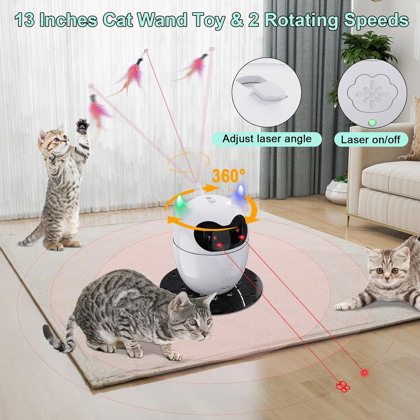 Automatic Cat Toy, 2in1 Rechargeable Interactive Cat Toy - Rotating Feather & Dual Laser, Remote Control, Cat Laser Toy for Indoor Cats Kittens