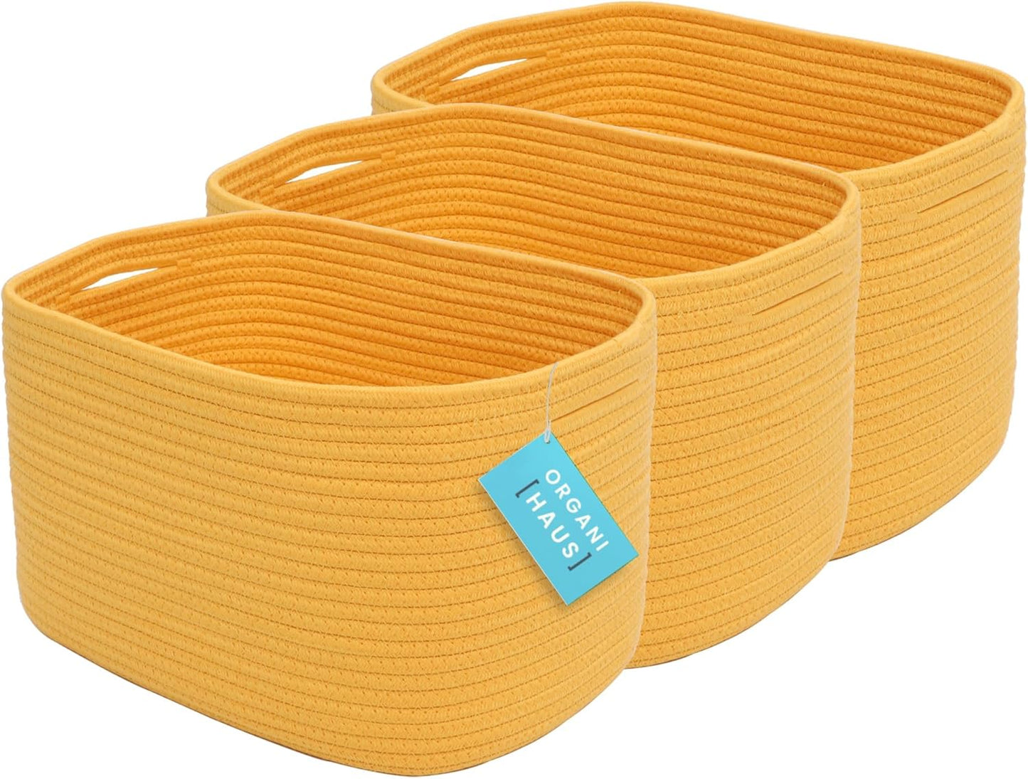 OrganiHaus Soft Woven Baskets for Storage Organization Set of 3, Cotton Rope Nursery Storage Baskets for Shelves, Square Book Bins, Bathroom Towel Hamper, Dog Toy Bins, Panier Rangement - Light Honey