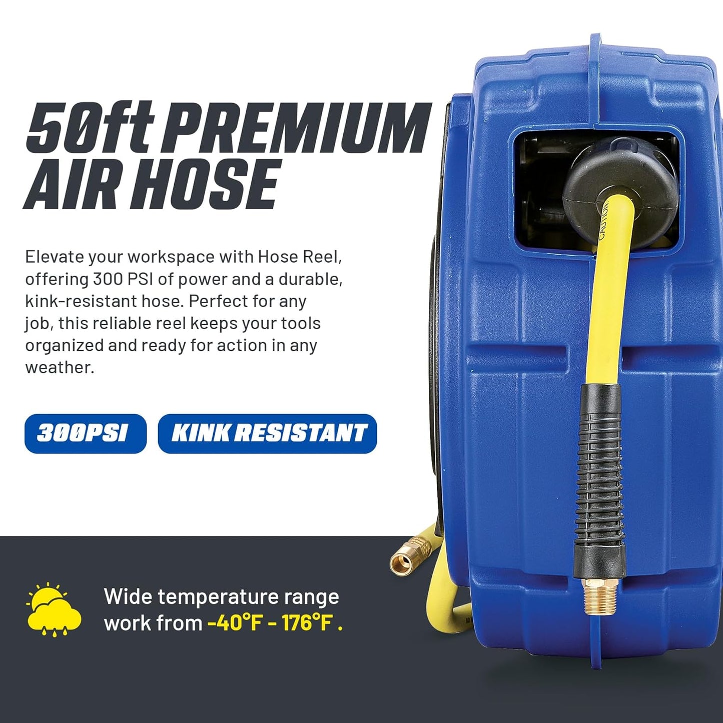 Goodyear Air Compressor Hose Reel Enclosed Retractable 3/8 in. x 50 ft. Hybrid Polymer Hose, Max. 300PSI