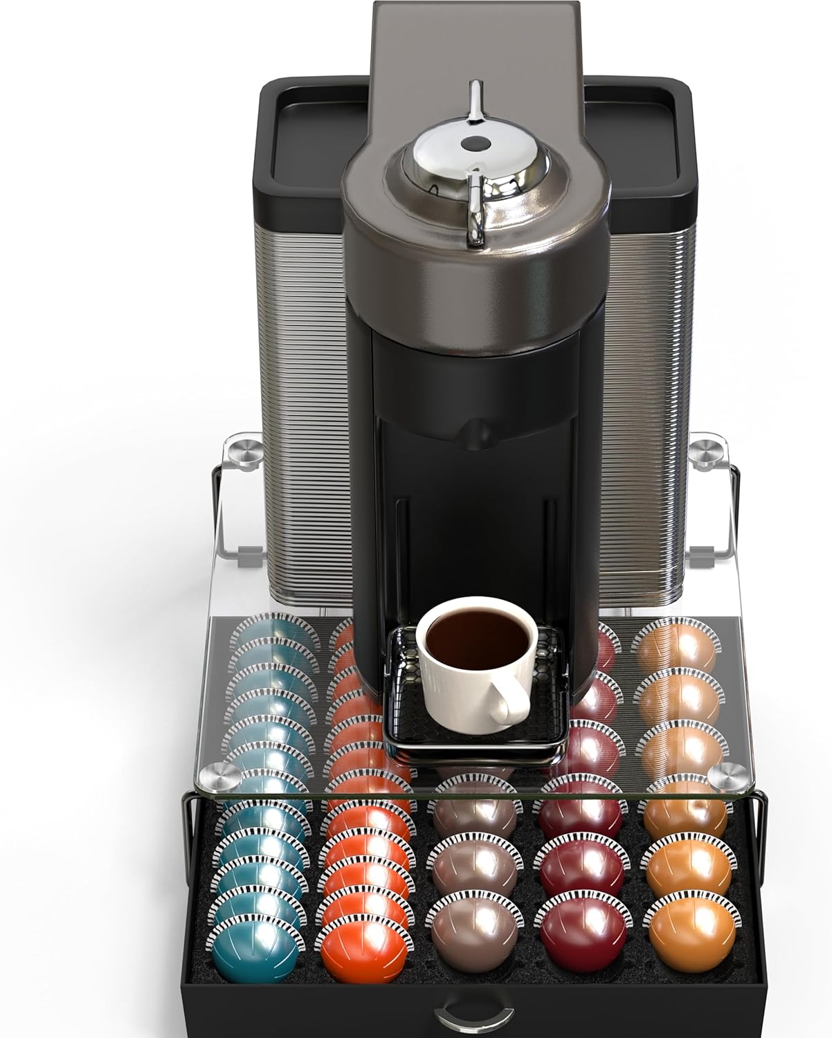 DecoBrothers Vertuo Pod Holder VertuoLine Drawer Storage for Nespresso Coffee Capsules, Crystal Tempered Glass, White