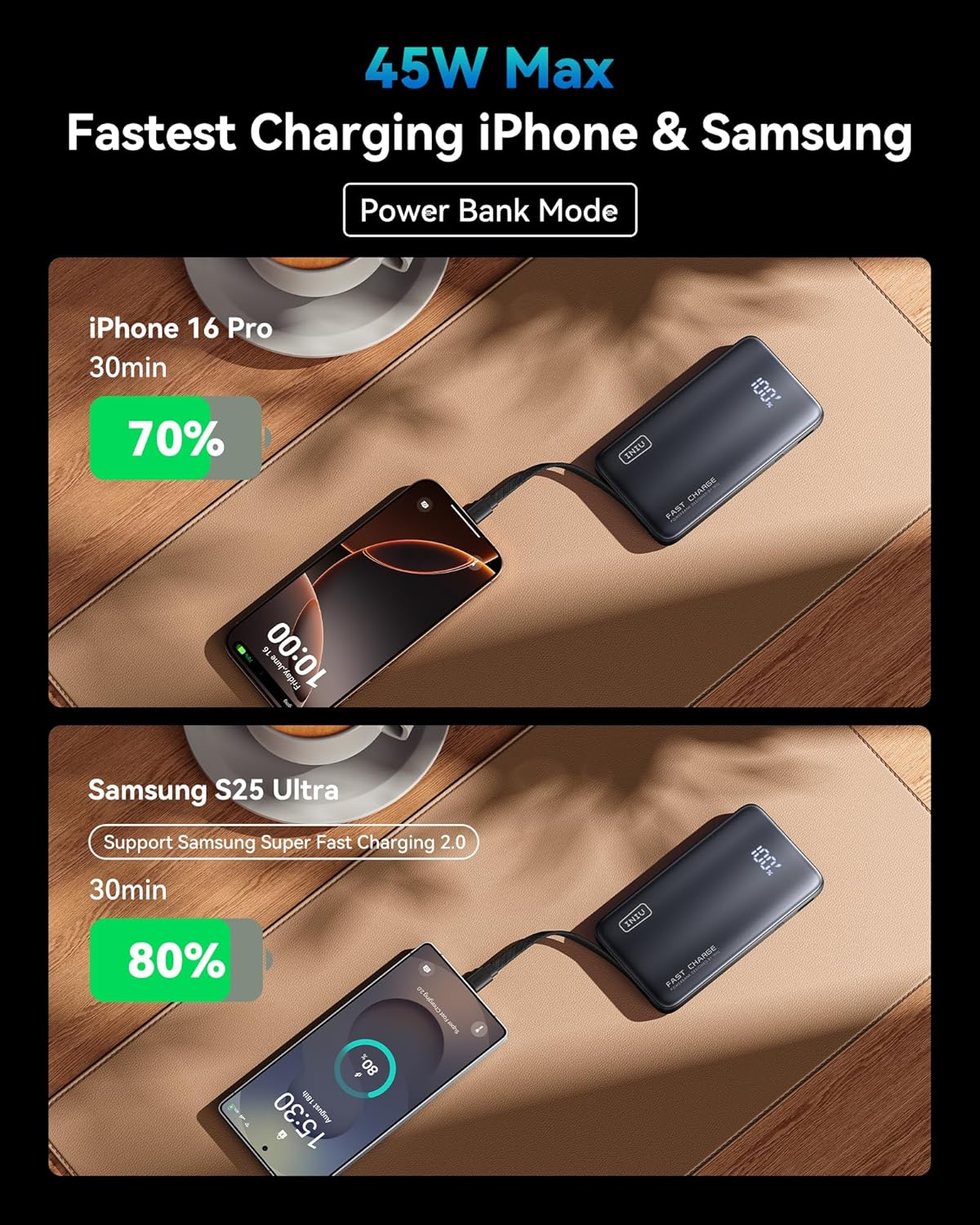INIU 3-in-1 Portable Charger, Slim 10000mah Power Bank with Built-in USB C Cable and Foldable AC Plug, 45W PD Fast Charging Battery Pack, Travel Charger for iPhone 16 15 Samsung S23 S22 Google etc