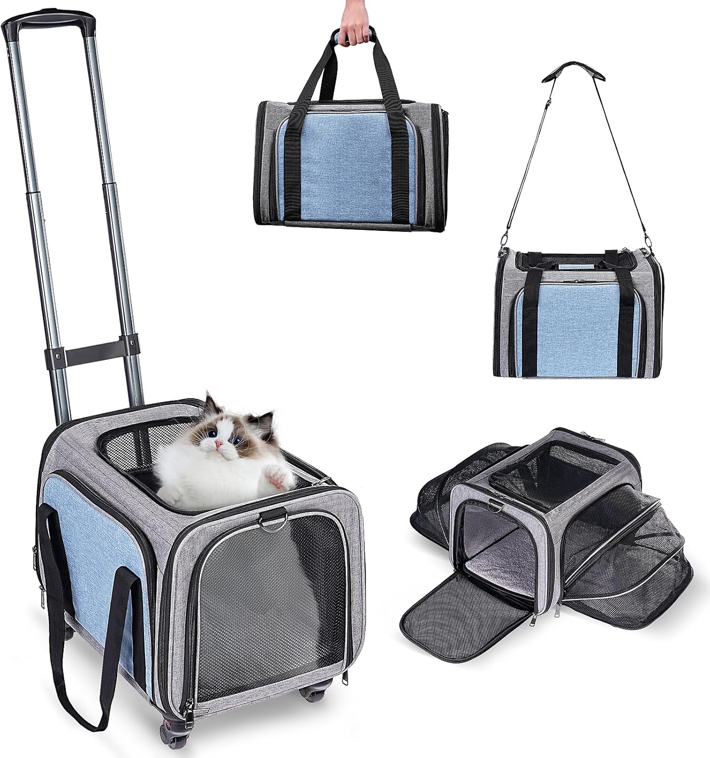 Pet Carrier Airline Approved on Wheels - Two Sided Expandable Cat Soft Carrier for Puppy and Cats Under 26lbs, Rolling Cat Carrier for Airplane, Camping, Outdoor(Pink)