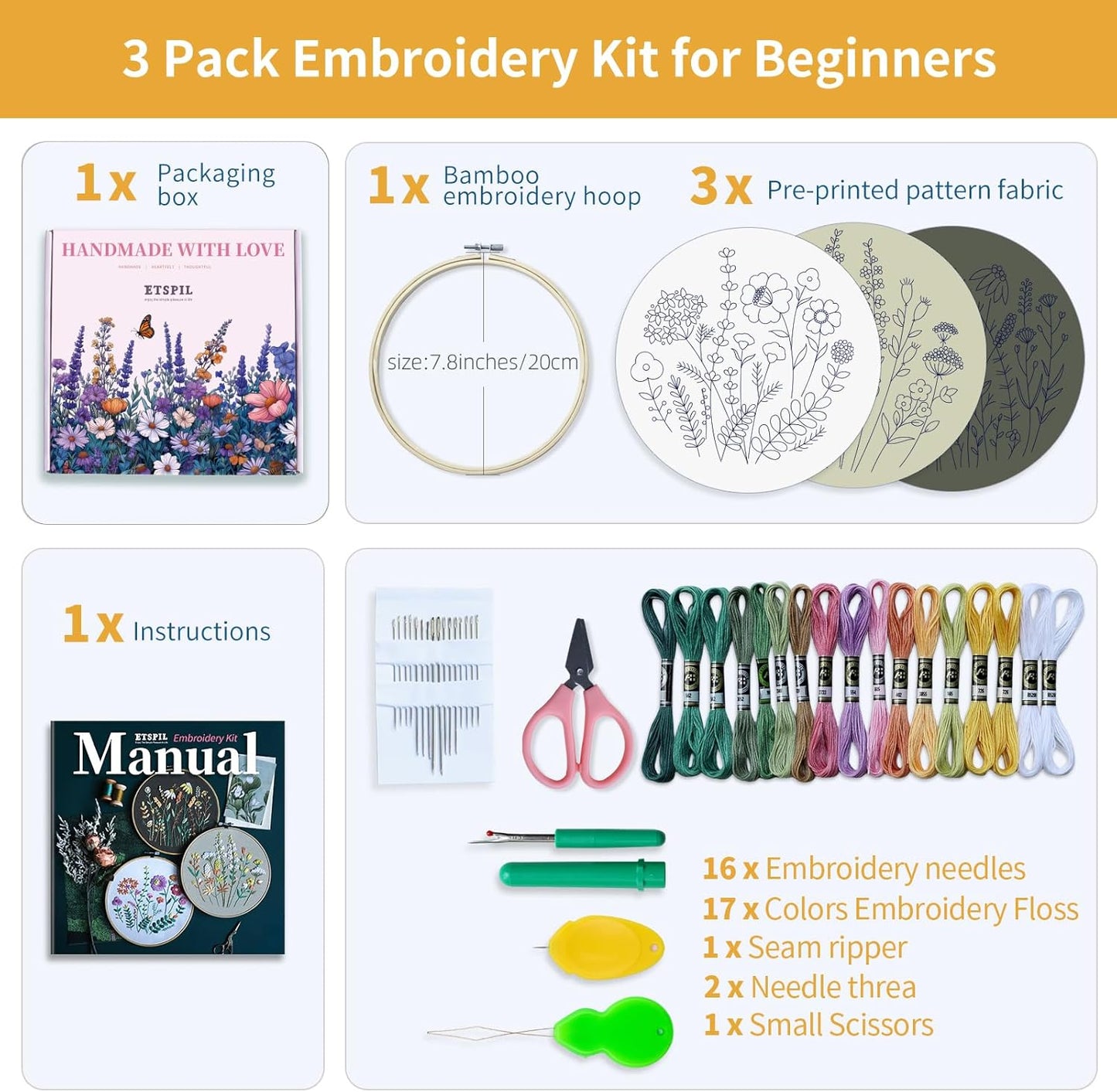 Purilite Select 3 Pack Beginner Embroidery Kits