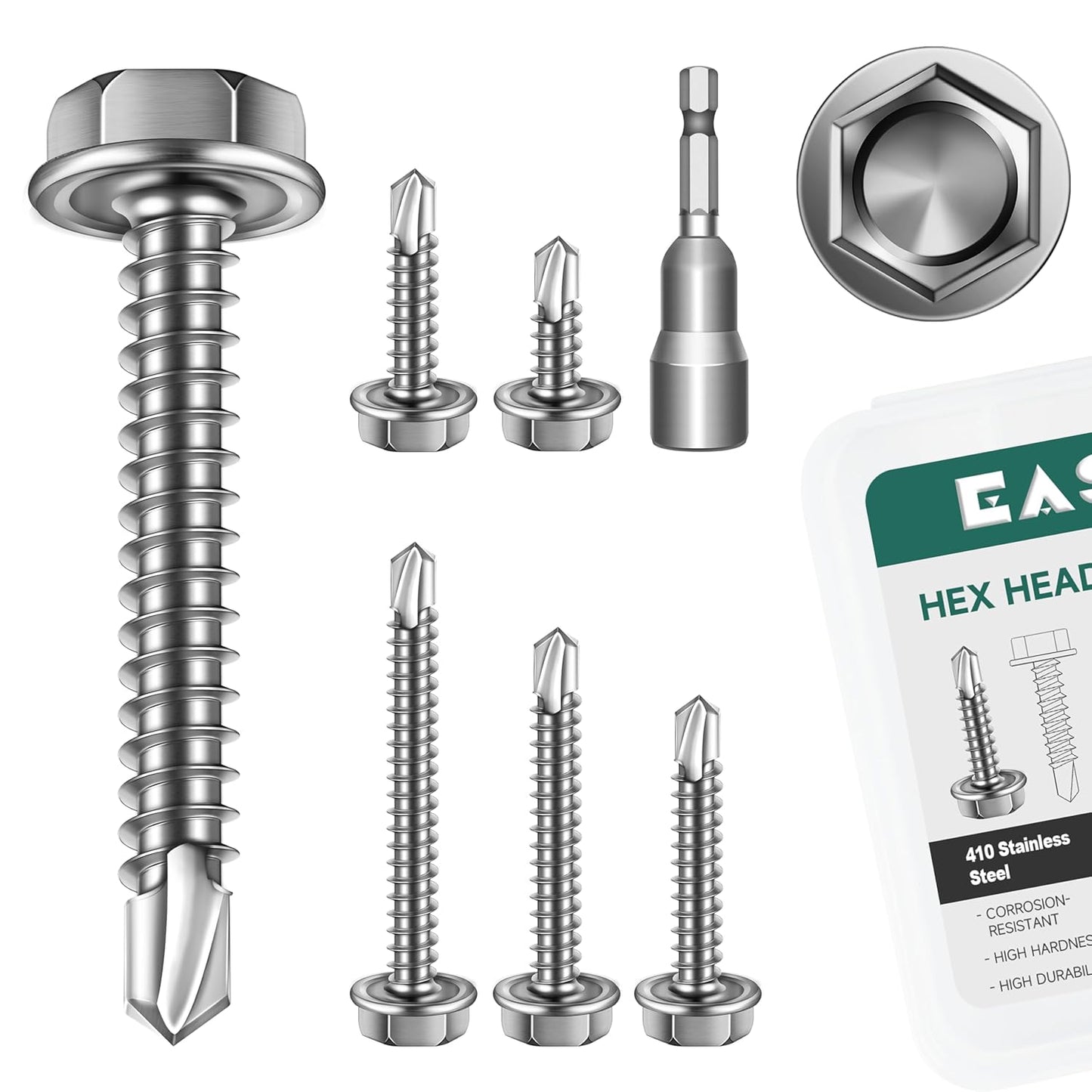 EASTPUK 100Pcs #8 x 1/2" Sheet Metal Screws, 410 Stainless Steel Self Drilling Hex Washer Head Self Tapping Screws for Metal with Drill Bit