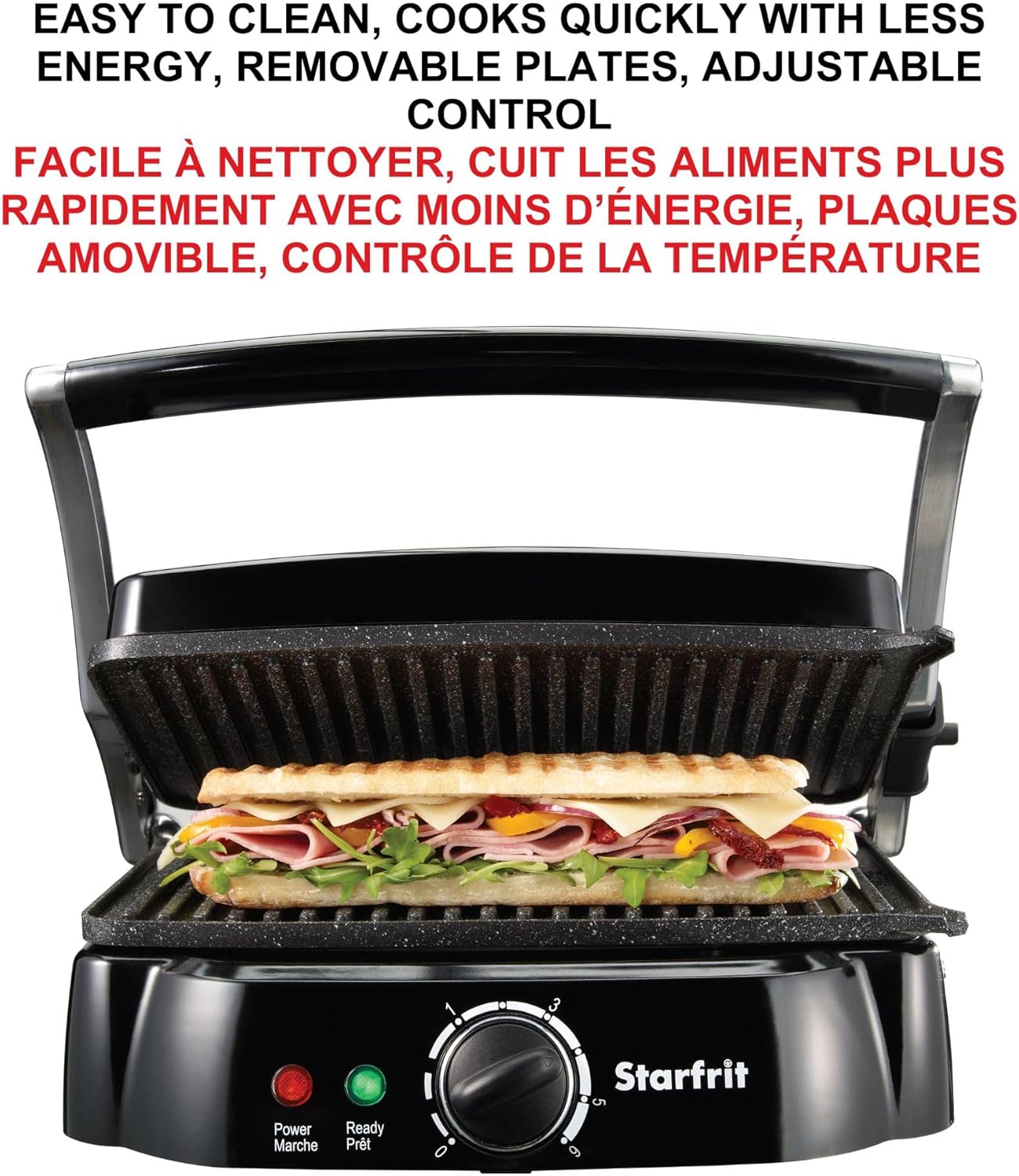 Starfrit The Rock Panini Press - Rock.Tec Non-Stick Reversible Plate - Opens 180 Degrees - Adjustable Temperate Control