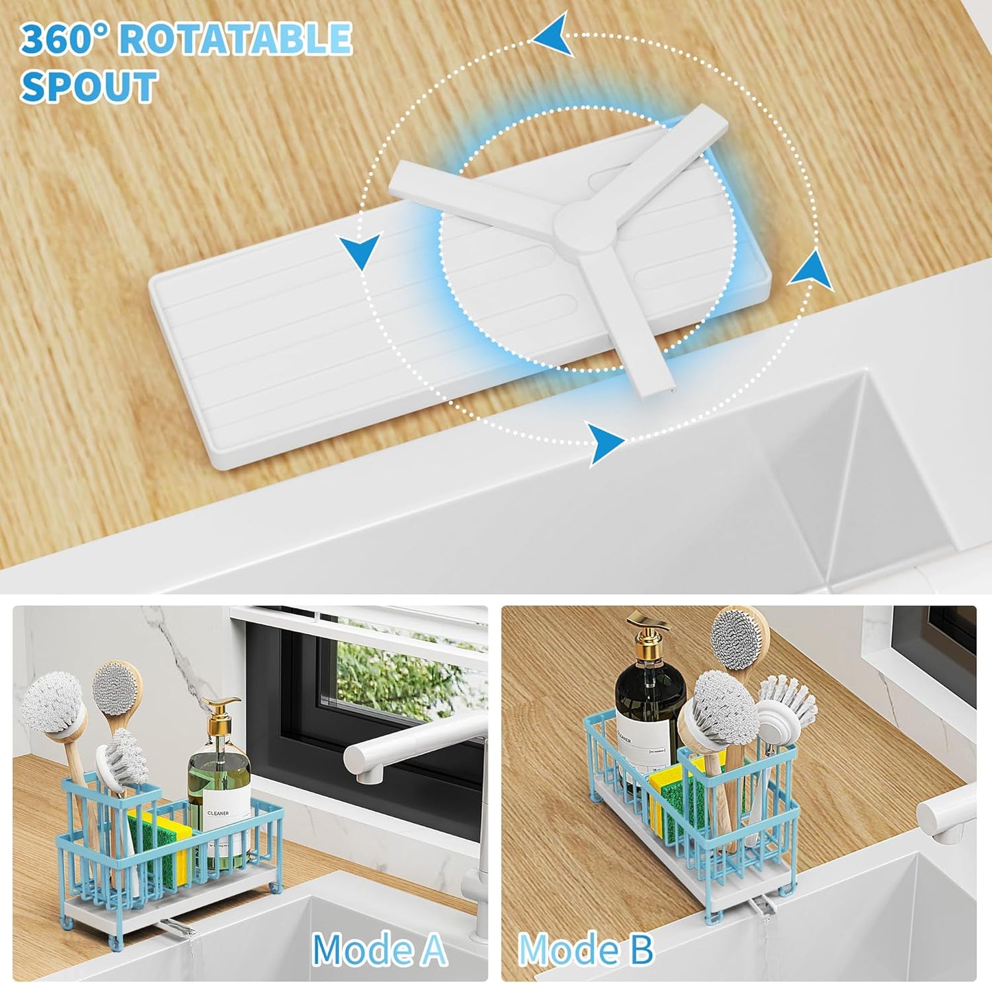 Cisily Sponge Holder for Kitchen Sink, Sink Caddy with High Brush Holder, Organzier Rustproof 304 Stainless Steel Dish Organizer Divider, Soap Dispenser Storage (Black)