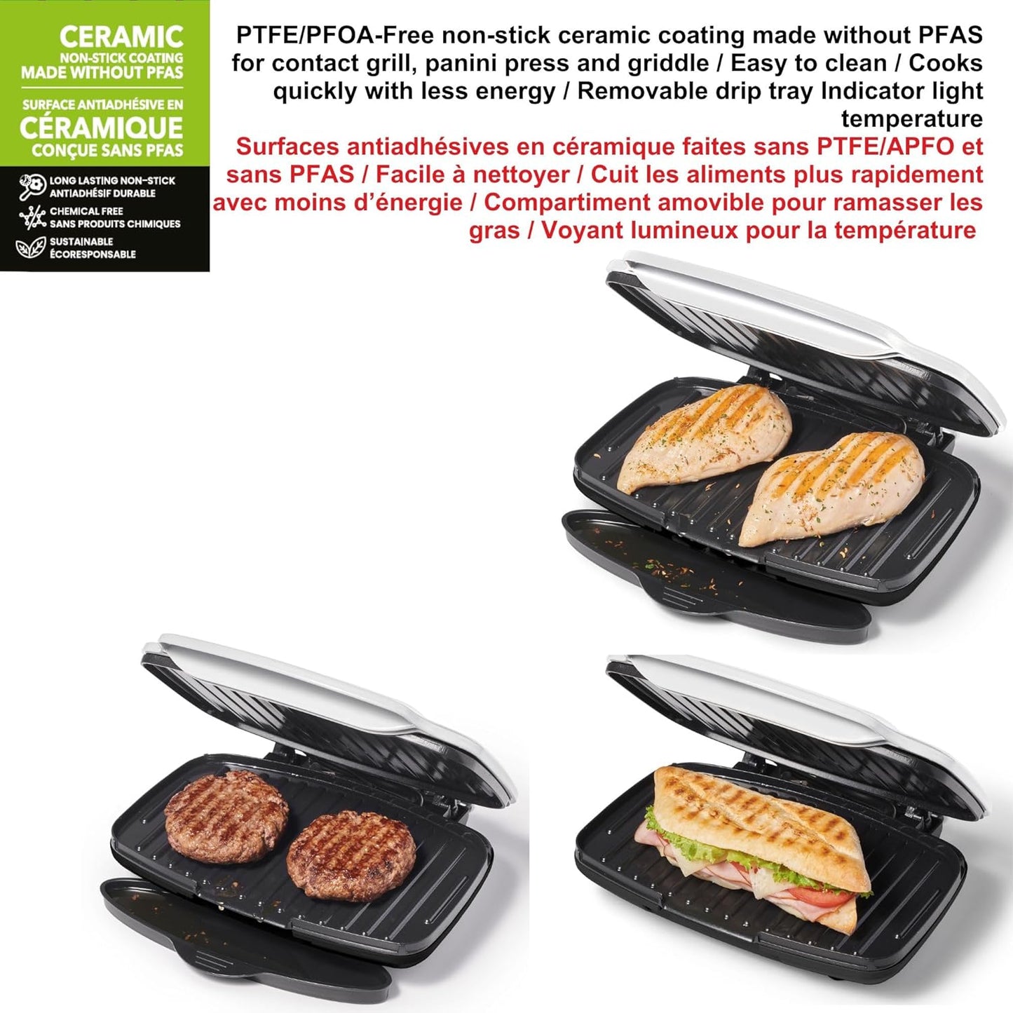 Starfrit Grill And Panini Press With Ceramic Coating - Non-Stick Coating - Removable Fat And Oil Collection - White