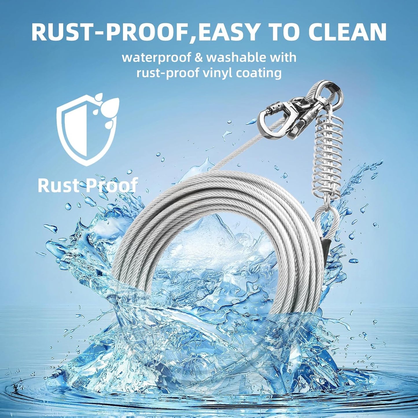 VST Dog Tie Out Cable 50FT-600LBS Break Strength,Heavy Duty Dog Leads for Yard with Shock Absorbing Spring & Lockable Hook,Outside Long Leash Cable,Chew Proof Dog Line for Small Medium Large Dogs