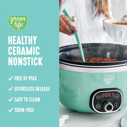 GreenLife 6QT Ceramic Slow Cooker, PFAS-Free, Programmable, Removable Healthy Nonstick Pot for Family Meals, Sear on Stovetop, Keep Warm, Digital Timer, Dishwasher Safe Glass Lid, Turquoise - PuriLite
