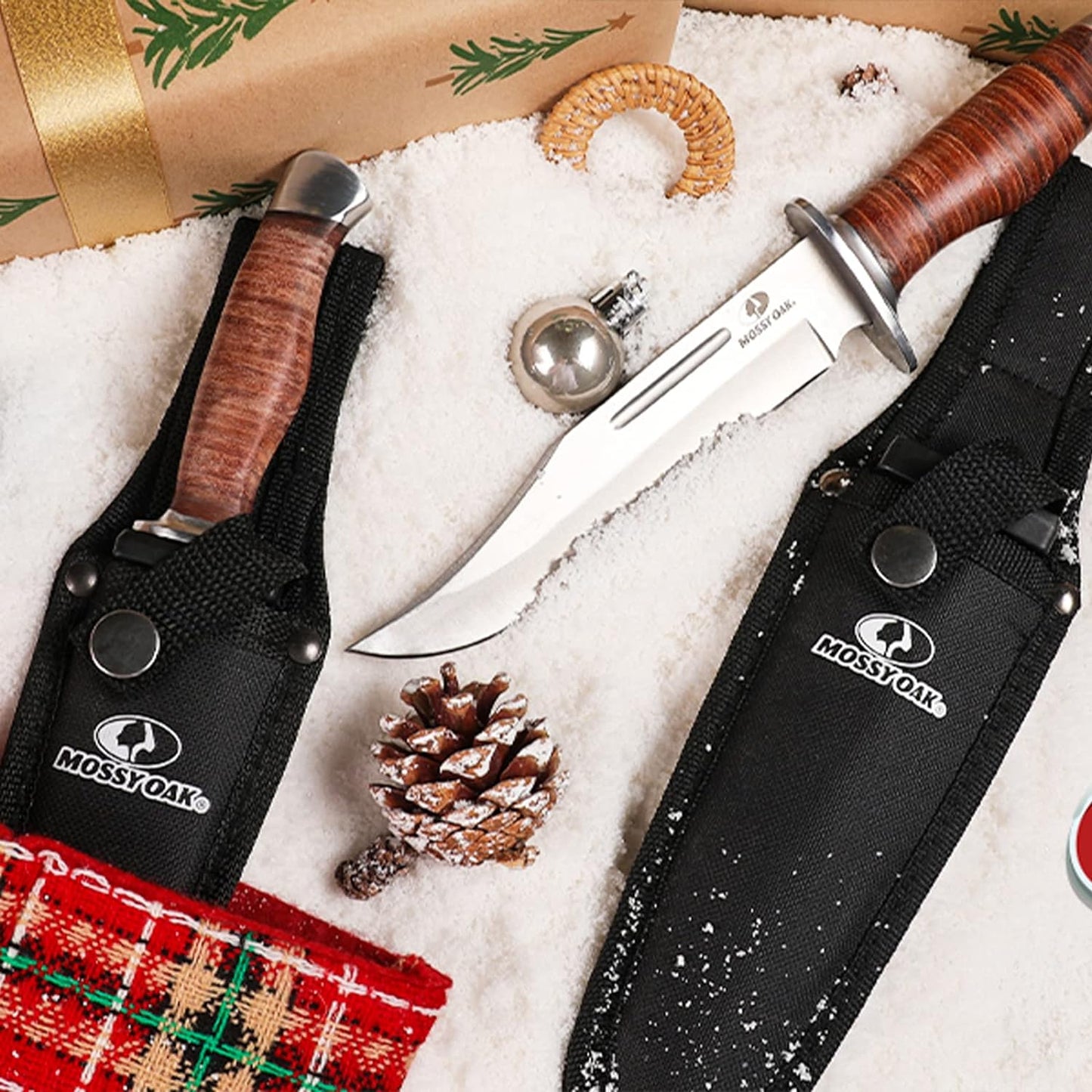 Mossy Oak 2-Piece Bowie Knife, Fixed Blade Hunting Buck Knife Set Leather Handle with Sheath - PuriLite