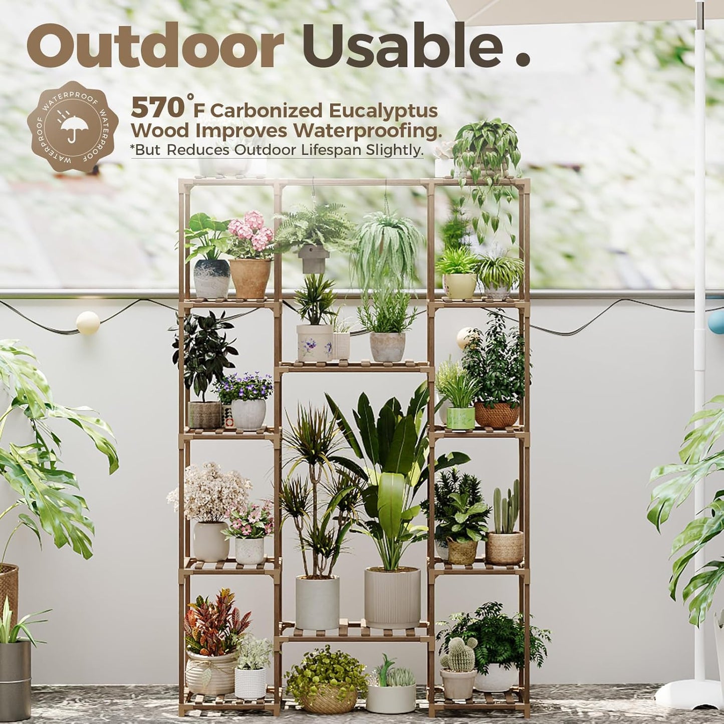 Bamworld Plant Stand Indoor Outdoor Hanging Plant Shelf for Multiple Plants Pots Wood Flower Stand Tall Large Flower Holder for Living Room, Patio, Balcony, Garden Decor, Brown