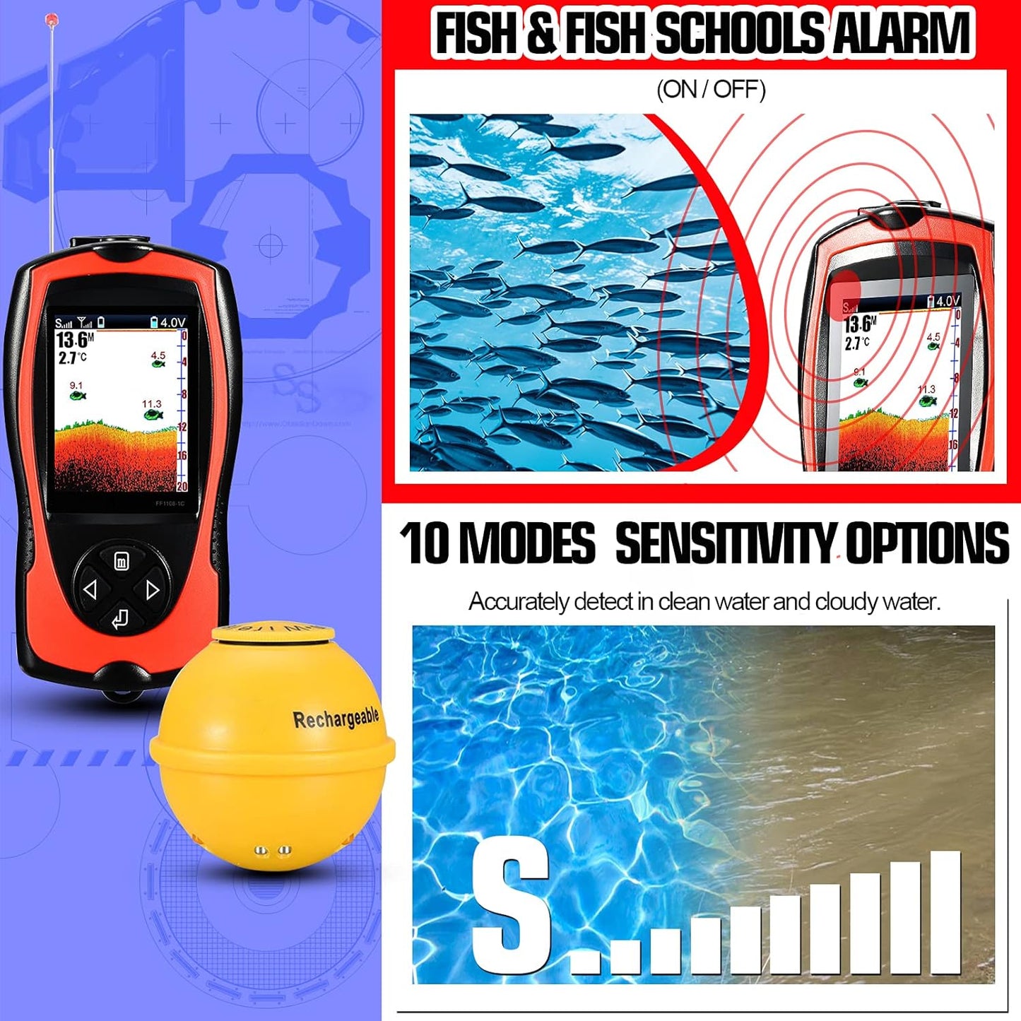 Atibin Portable Sonar Fish Finder Water Sensor Transducer Depth Finder Kayak Wireless Handheld Fish Finders Canoe Fishing