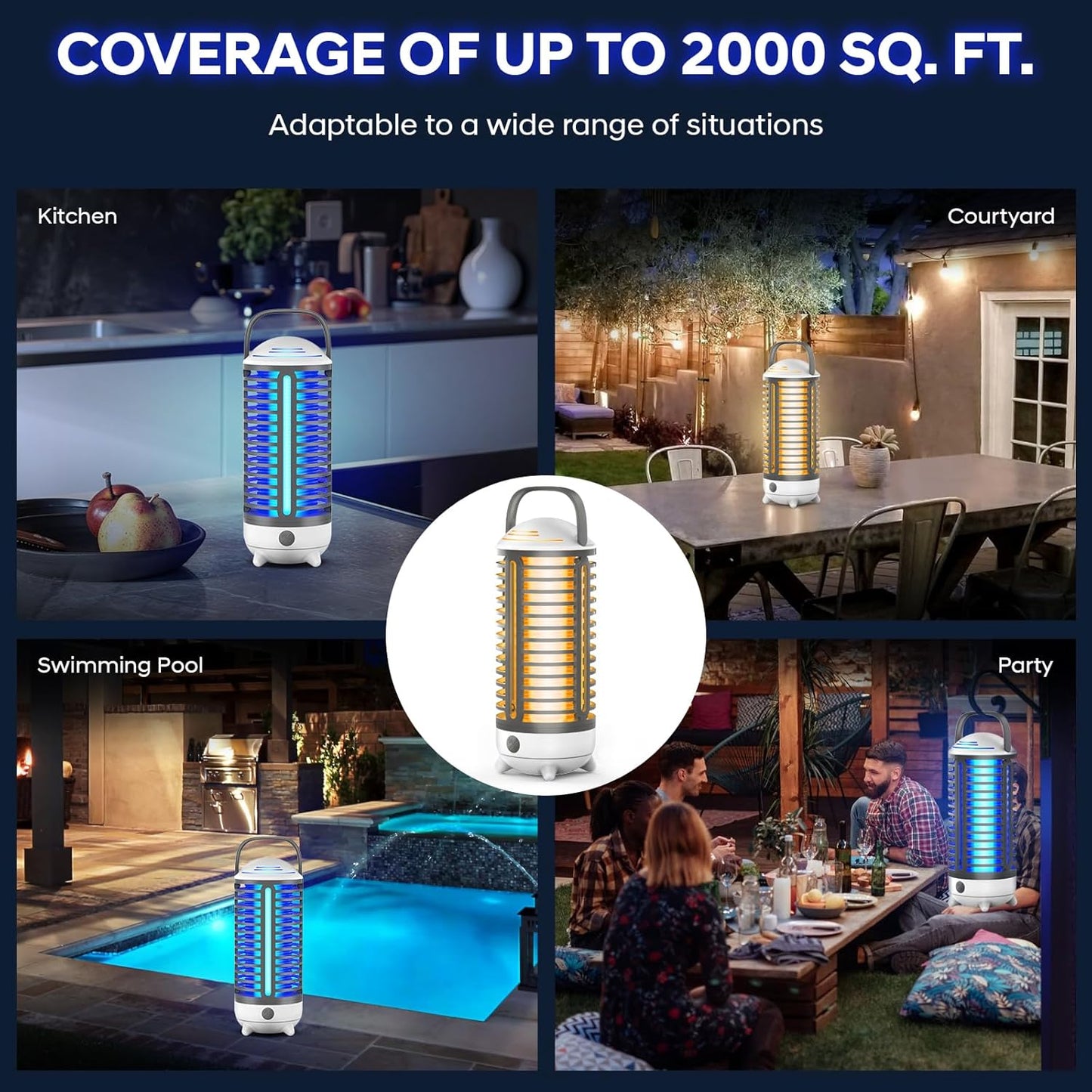 Bug Zapper Outdoor, Rechargeable Mosquito Zapper Indoor with LED Light, Portable IP66 Waterproof 3600mAh Electric Fly Zapper with Hook for Home, Garden, Patio, Backyard - Black