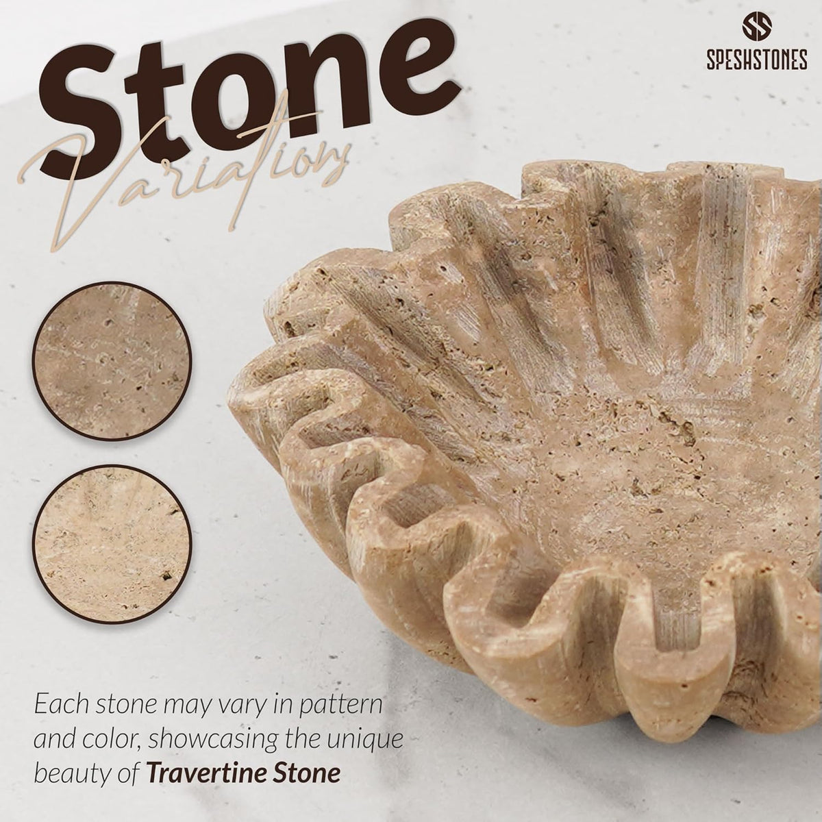 Handmade Travertine Decorative Bowl | Ruffle Stone Bowl | Scalloped Key Bowl | Entryway Accent Bowl | Table Centerpiece Bowl - PuriLite