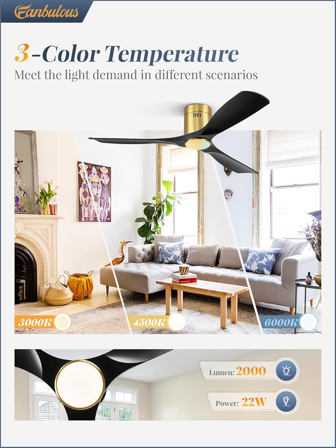Fanbulous 52" Ceiling Fans with Lights and Remote Control,Modern Flush Mount Ceiling Fan with 3 LED Colors,Outdoor Low Profile Ceiling Fans with 6-Speeds Timer DC Motor for Bedroom Living Room Patio