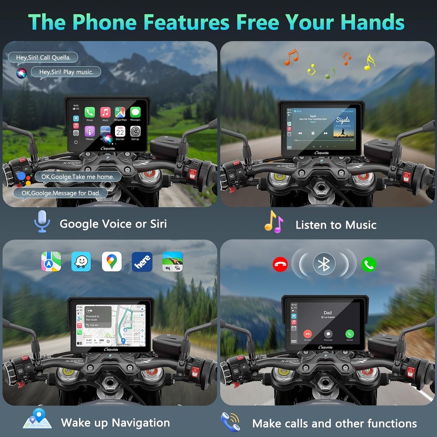 2025 CARPURIDE W702BS PRO for BMW Motorcycle CarPlay & Android Auto Dual Bluetooth, 7" Waterproof GPS Navigation Screen, Data Reading,Native Wonder, TPMS, Light Sensor, Music Sharing, Intercom, 16-Pin