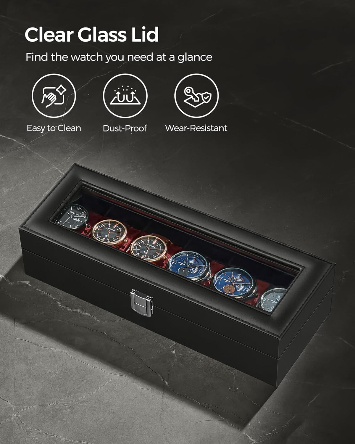 SONGMICS Watch Box, 6-Slot Watch Case, Watch Box Organizer, Black Synthetic Leather, Greenish Gray Lining UJWB06BK