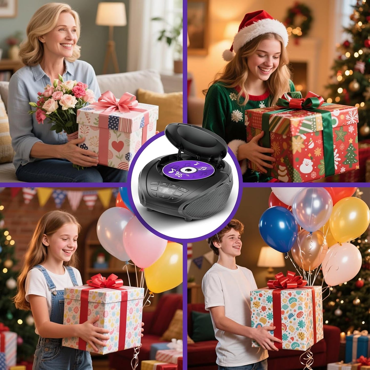 Gueray CD Player Portable Boombox: Home Audio CD Players with Speakers FM Radio AUX Input Support Headphones Playlist Mode PROG Playback for Outdoor Indoor Audiobooks