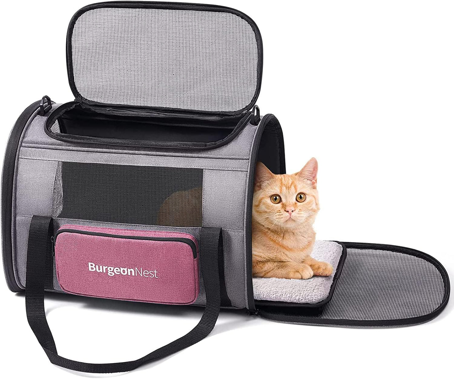 BurgeonNest Cat Carriers for Medium Cats Under 25 lbs, Pet Carrier for Cats with Unique Side Bag,Top Load Small Pet Carrier Soft-Sided Escape Proof with 4 Ventilated Windows