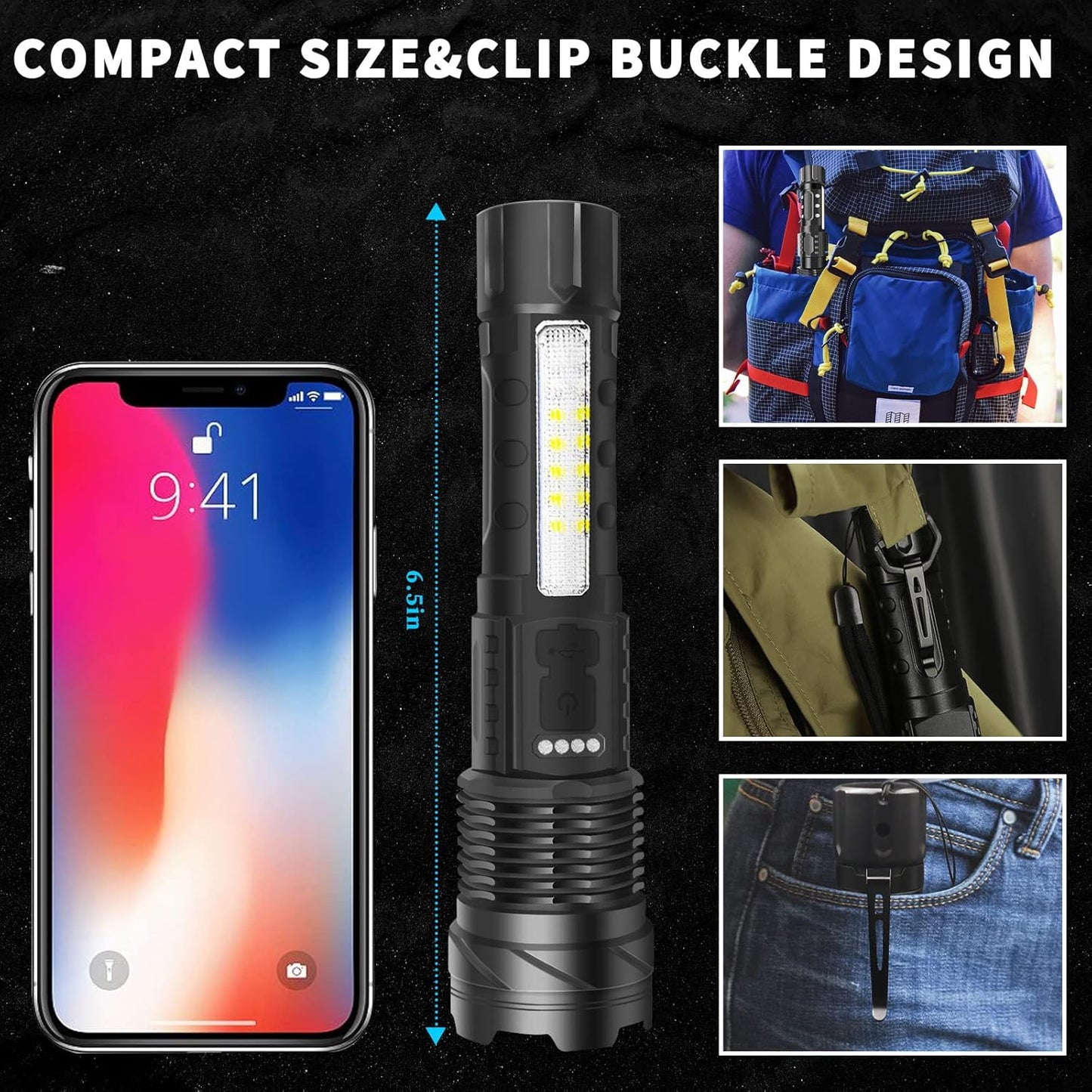 Flashlight Rechargeable 5 Modes of 10000 High Lumen,IPX6 Waterproof Flashlight,LED Flashlight Ultra Bright,Portable Flashlight for Outdoor Activities Such as Camping,Cycling,Mountain