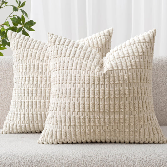 MIULEE Pack of 2 Corduroy Throw Pillow Covers Soft Decorative Boho Striped Cushion Covers Farmhouse Home Decor Pillowcase for Spring Sofa Living Room Couch Bed 18x18 Inch Cream White