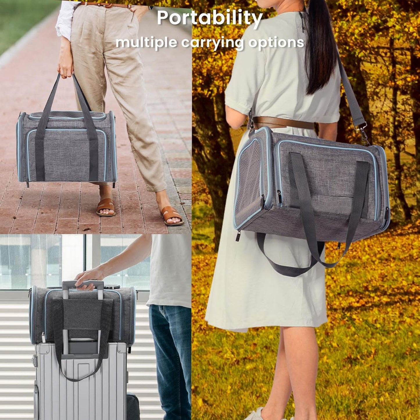 Petsfit Expandable Cat Dog Carrier Airline Approved, 17" L x 11" W x 11" H Soft-Sided Portable Pet Travel Carrier for Kitten, Puppy, Removable Soft Plush Mat and Pockets, Auto-Locking Zippers