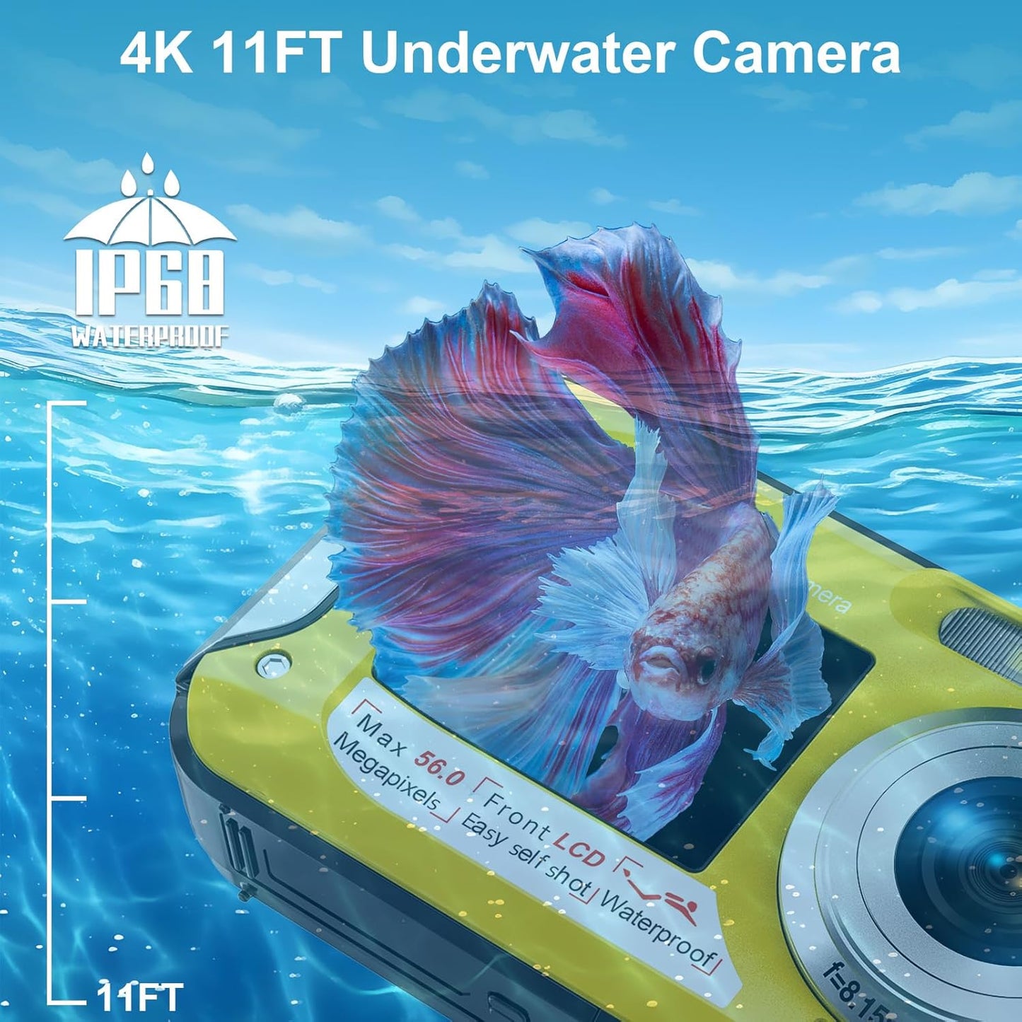 4K Underwater Camera 11FT Waterproof with 32GB Card 56MP Autofocus Selfie Dual-Screen for Snorkeling, Compact Digital Camera 1250mAh Battery (Blue)